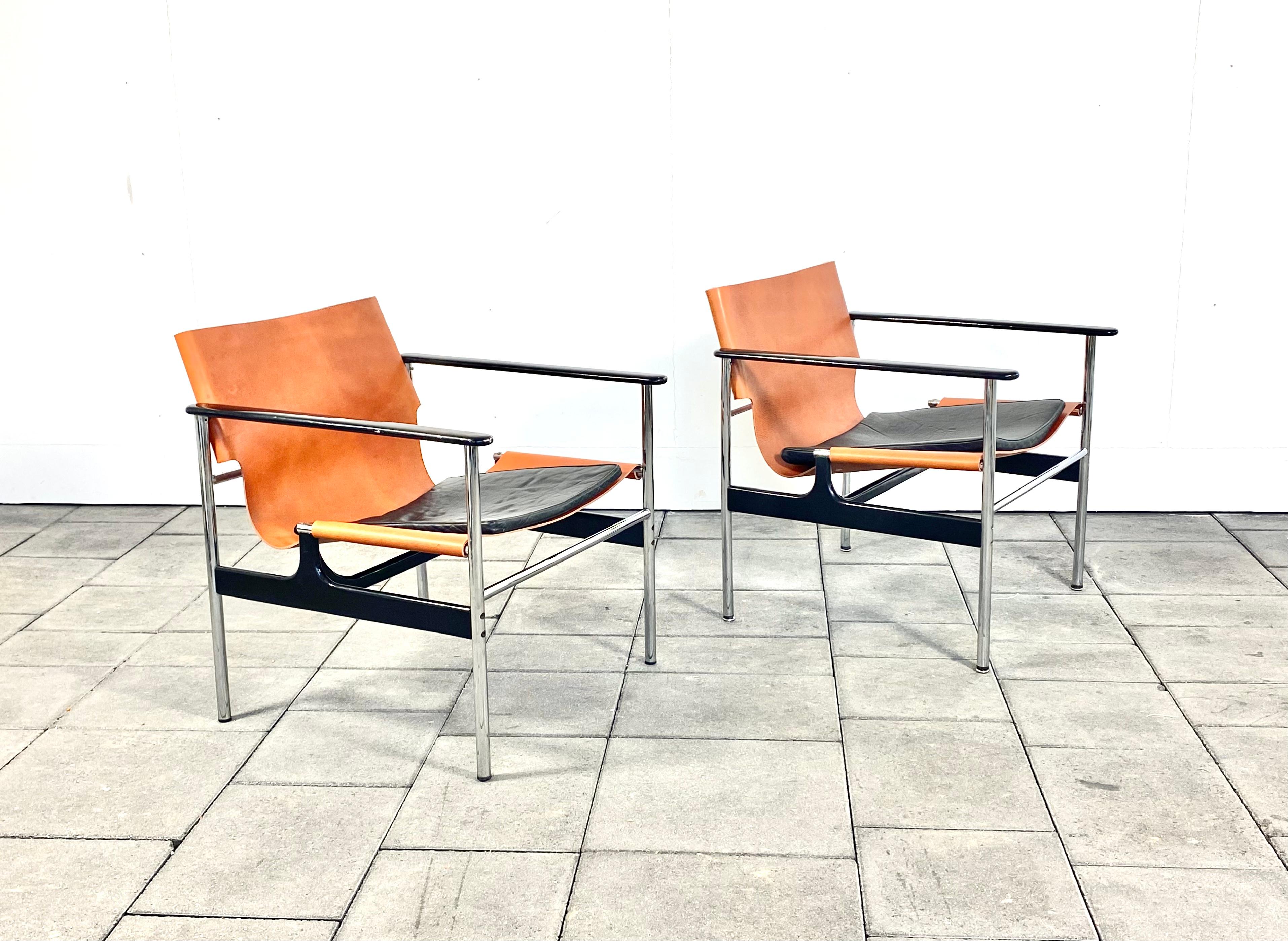 Mid-Century Modern 1 (of 2) 657 leather sling Chairs designed by Charles Pollock for Knoll  For Sale