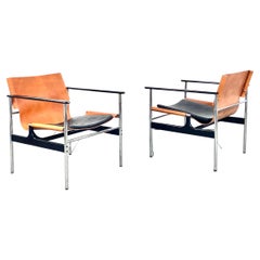 Retro 1 (of 2) 657 leather sling Chairs designed by Charles Pollock for Knoll 