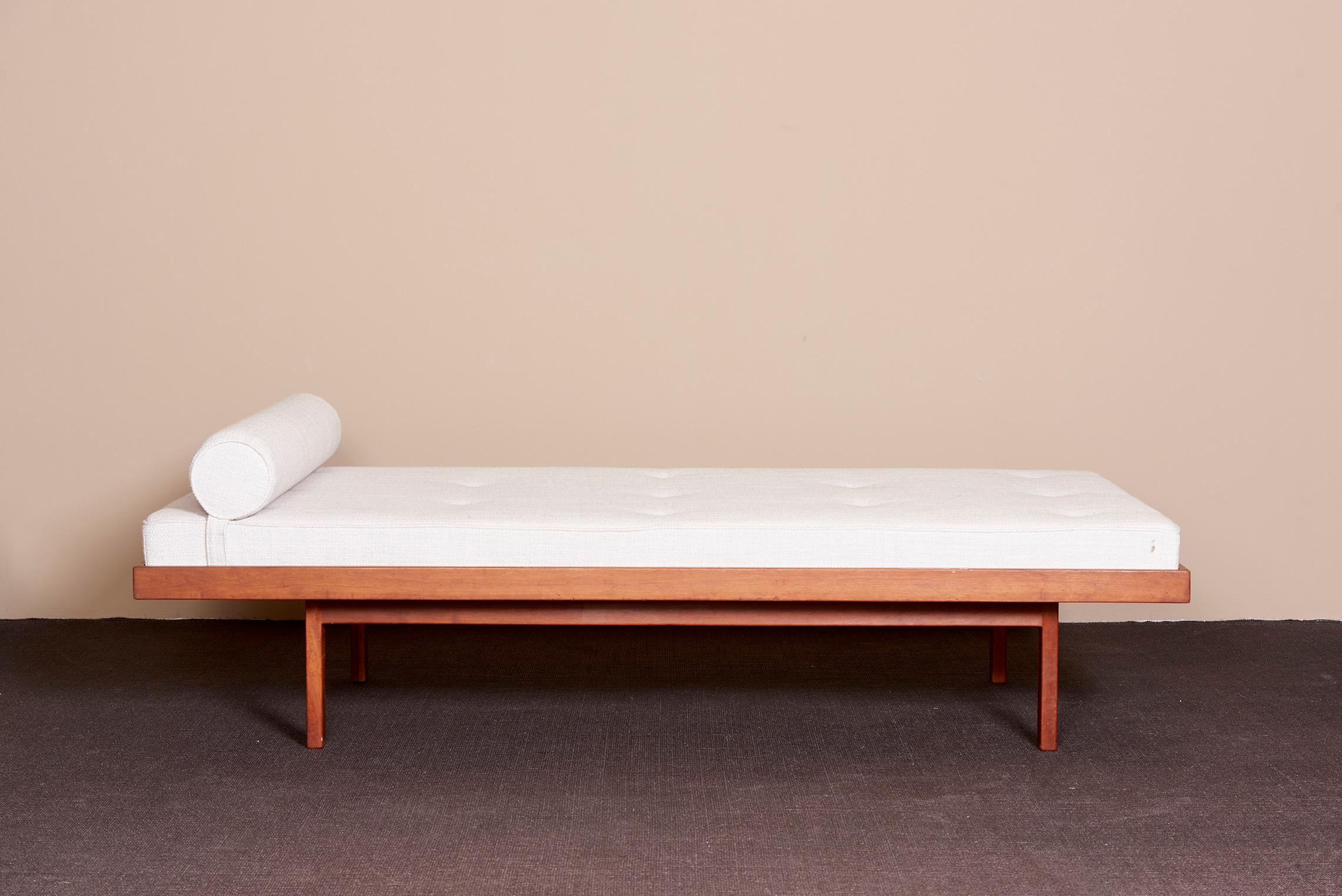 1 of 2 american studio walnut frame daybeds in Mark Alexander fabric, US 1960s.