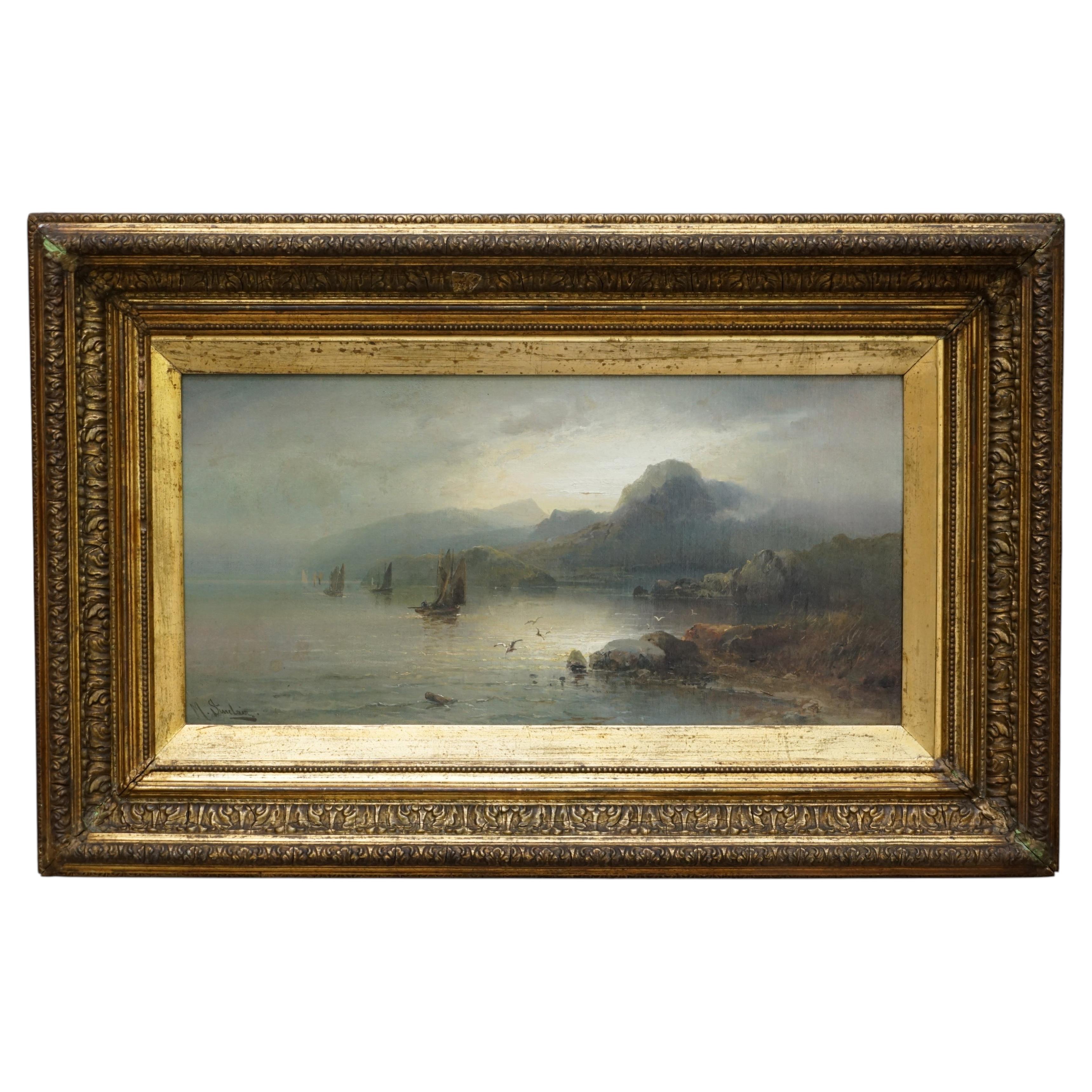 1 OF 2 ANTIQUE ORIGINAL CIR 1890 MAX M SINCLAIR OIL PAINTINGs OF A COASTAL SCENE
