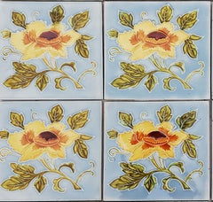 1 of 2 Authentic Glazed Art Nouveau Relief Tiles Yellow Rose, Belga, 1930s