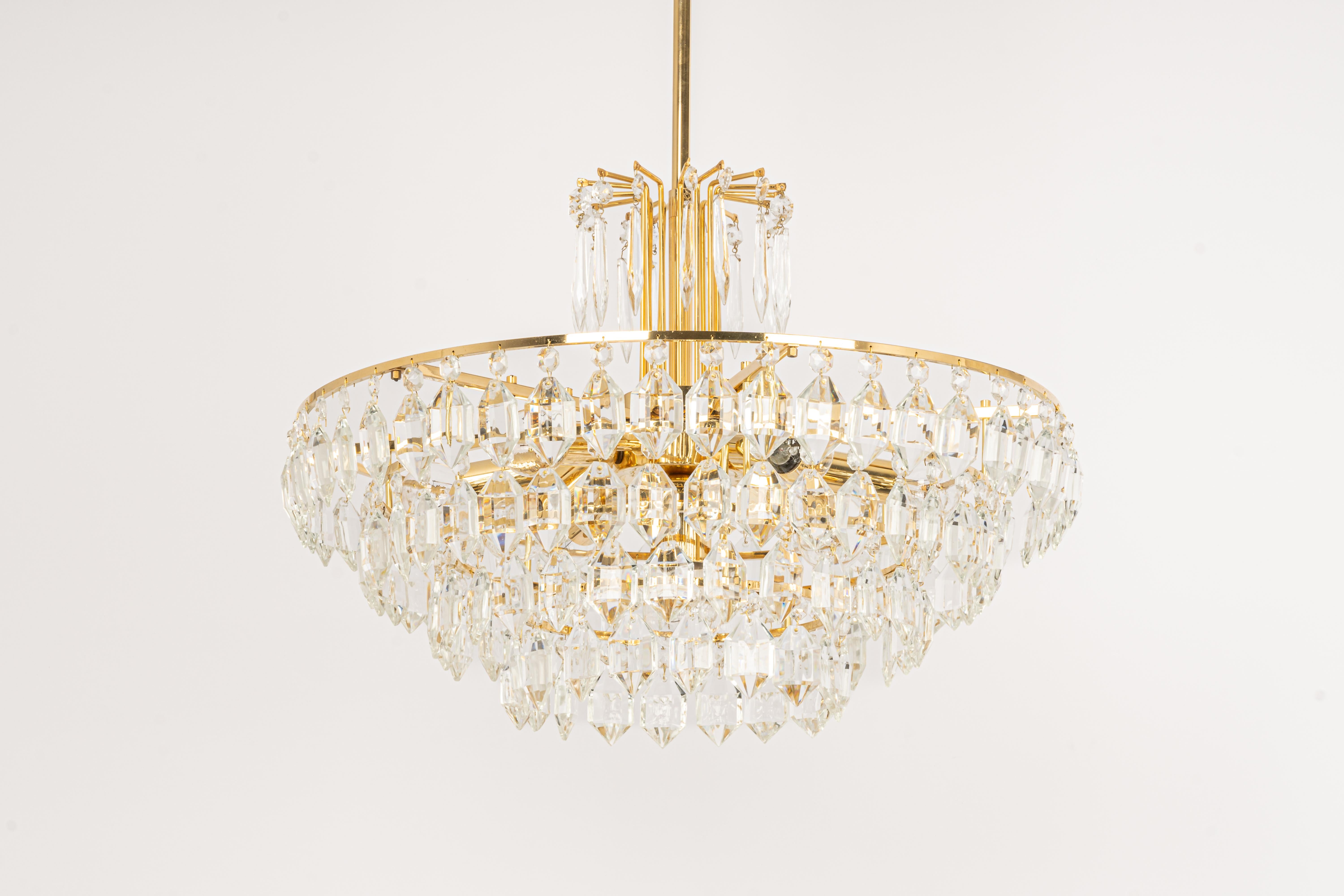 Mid-Century Modern 1 of 2 Bakalowits Chandelier, Brass and Crystal Glass, Austria, 1960s For Sale