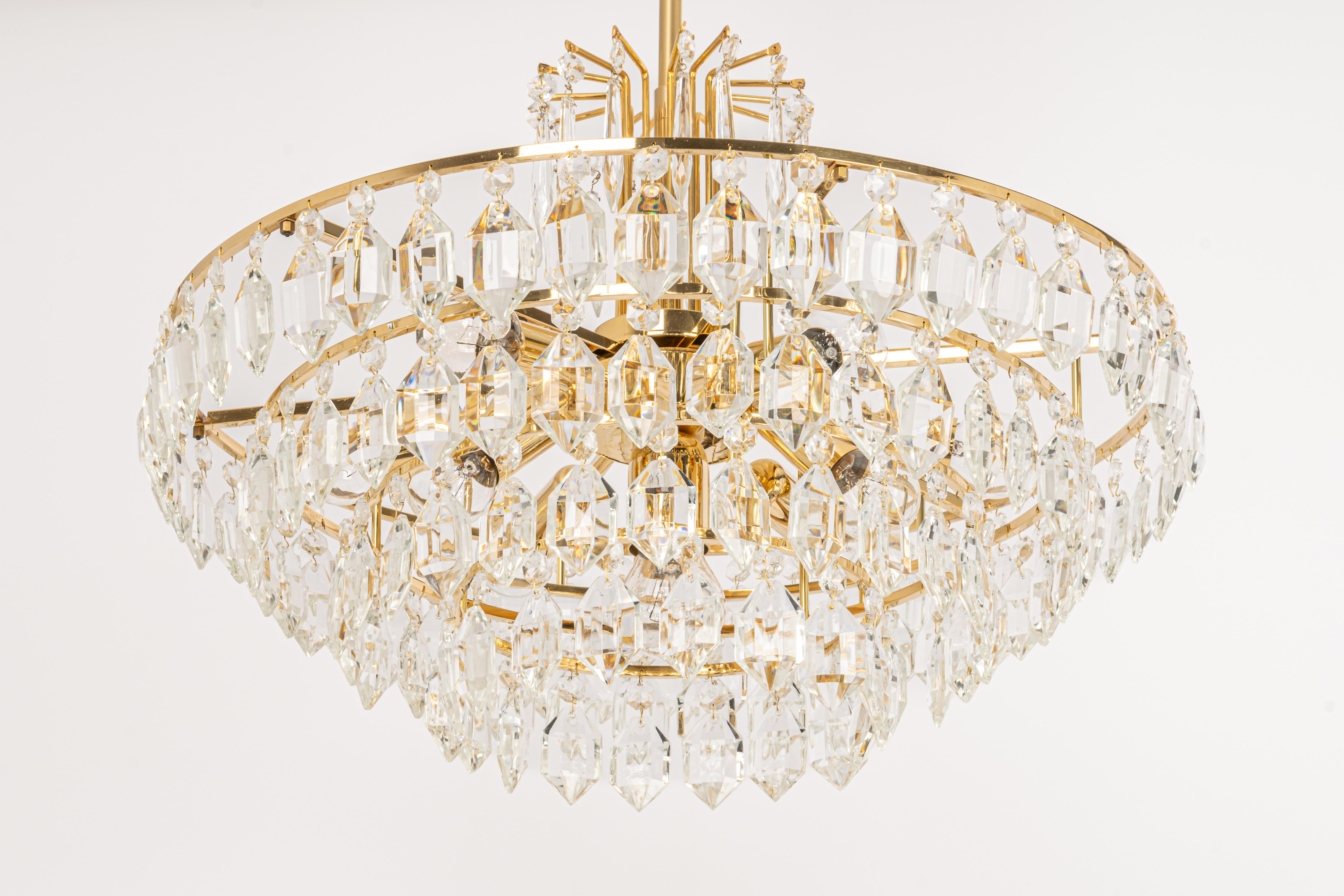 Austrian 1 of 2 Bakalowits Chandelier, Brass and Crystal Glass, Austria, 1960s For Sale