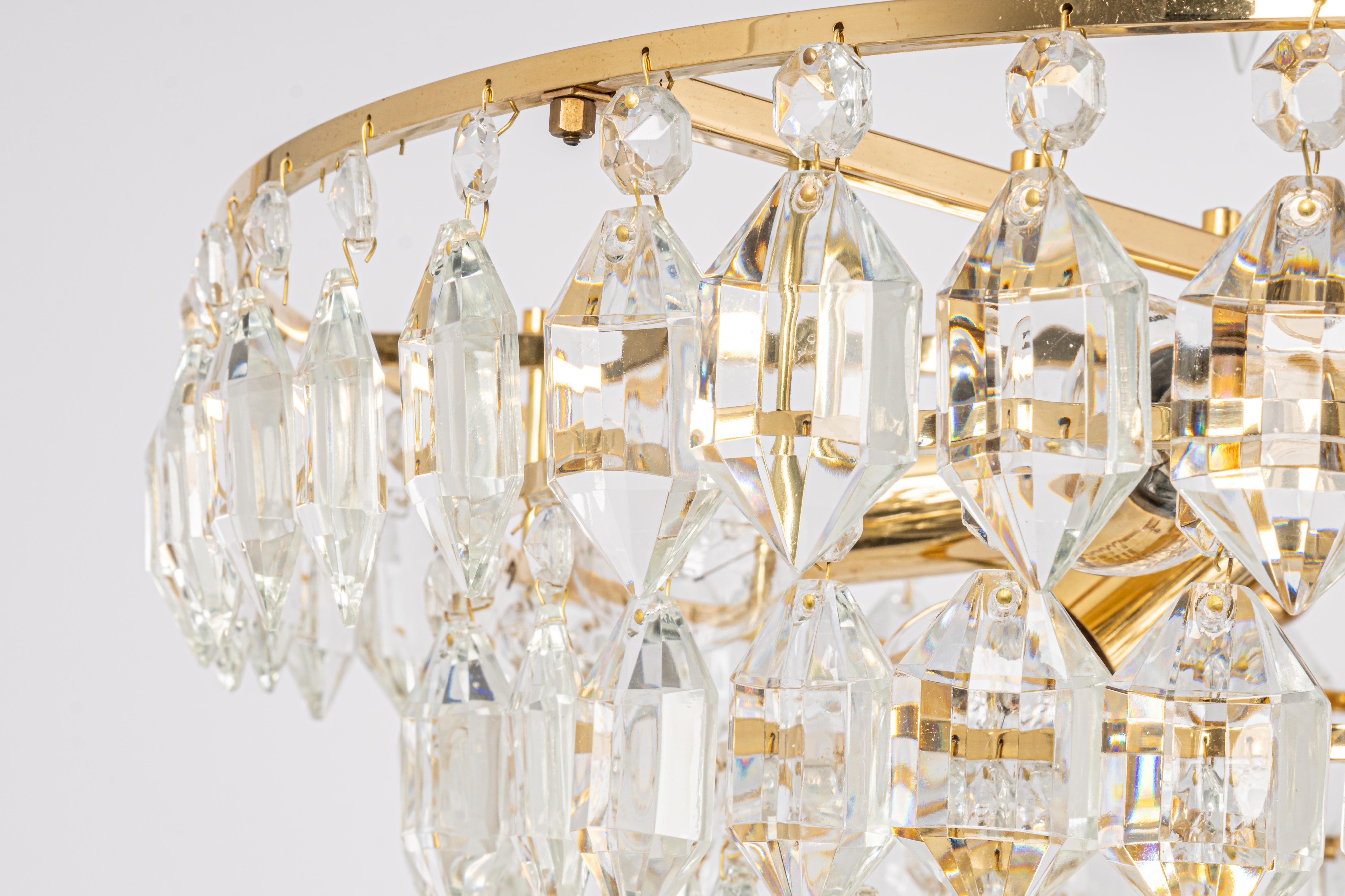Mid-20th Century 1 of 2 Bakalowits Chandelier, Brass and Crystal Glass, Austria, 1960s For Sale