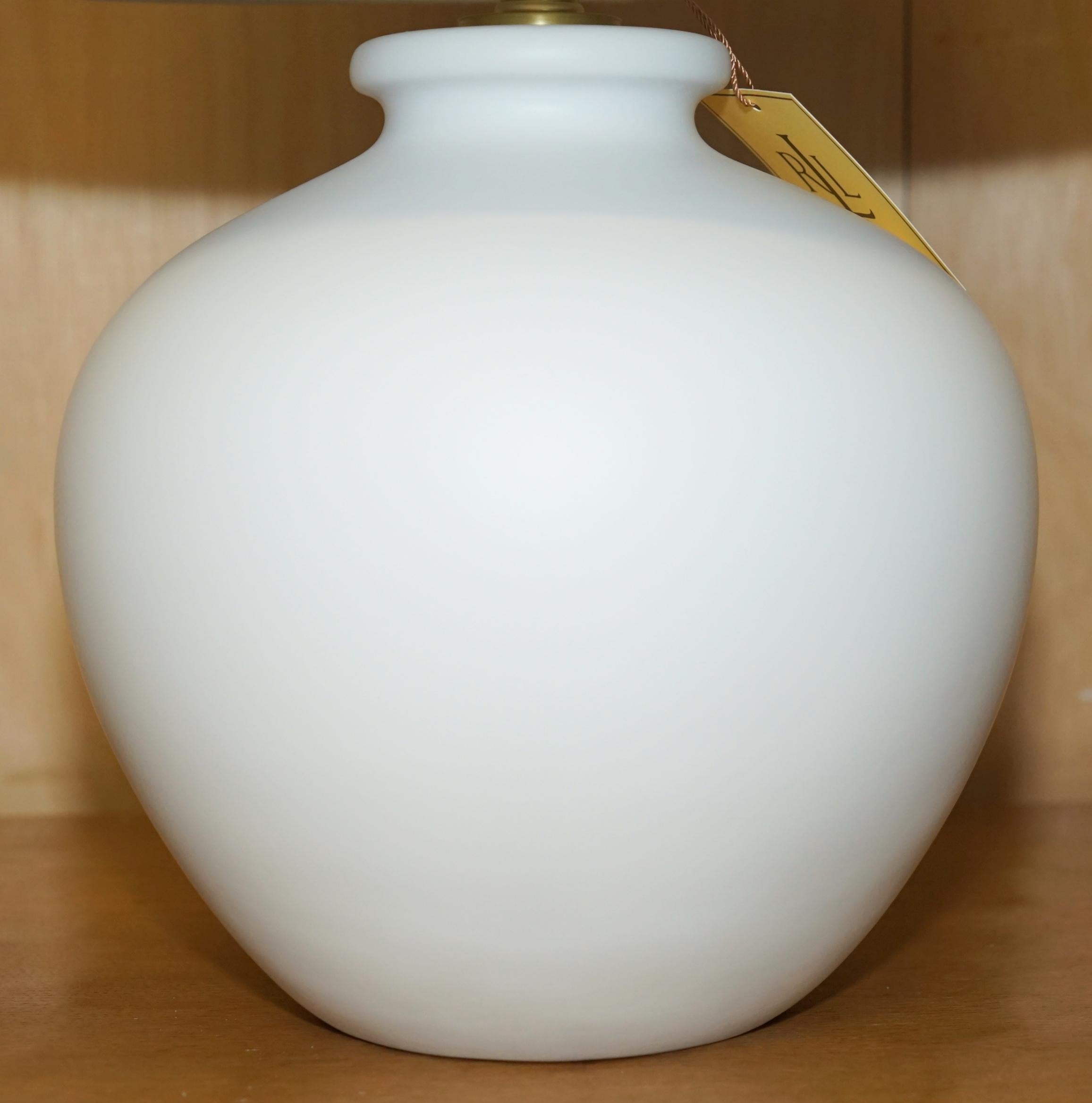 Contemporary 1 OF 2 BRAND NEW IN THE BOX RALPH LAUREN CERAMIC WHITE VASE SHAPE TABLE LAMPs For Sale