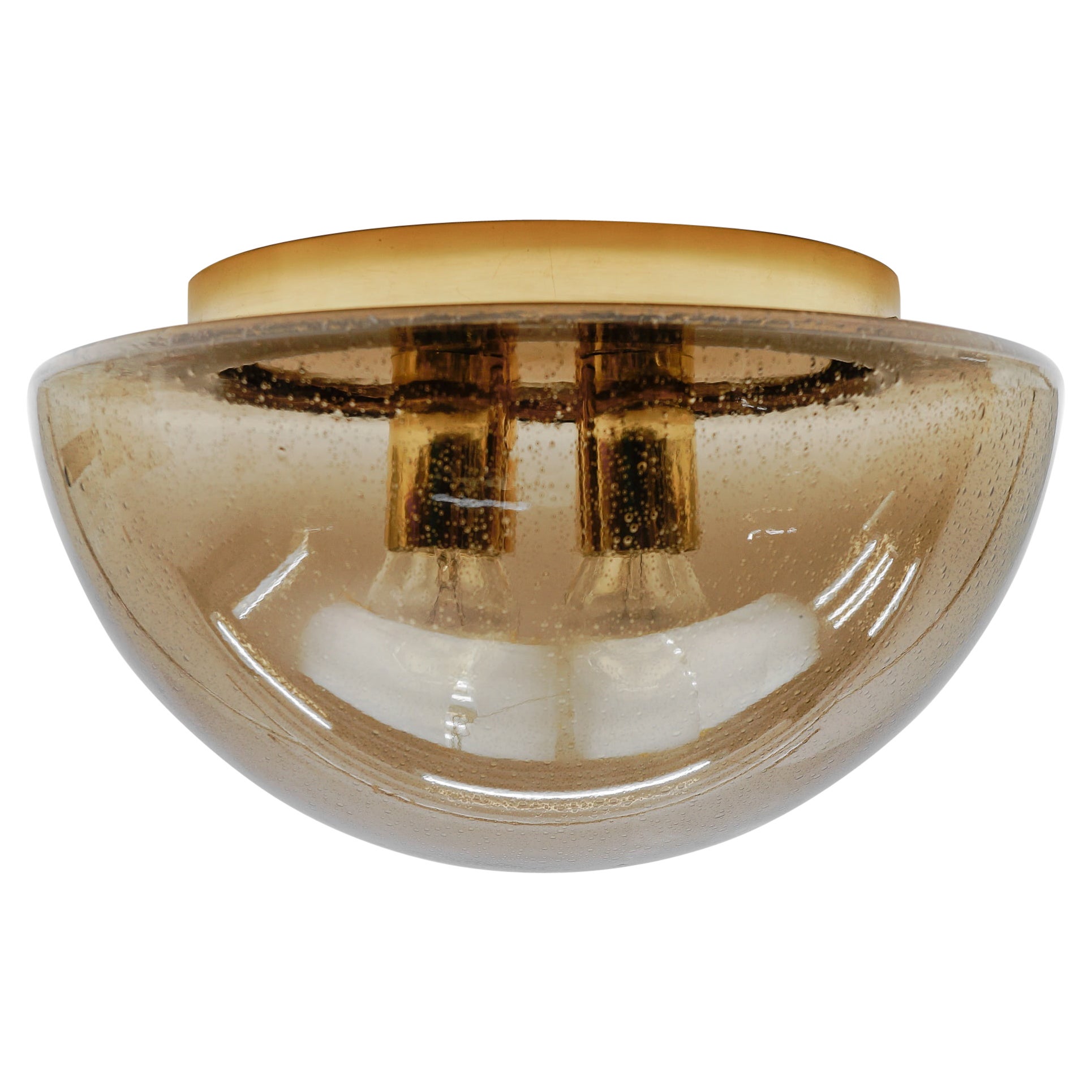 1. of 2 Brass and Smoked Glass Flush Mount by Limburg, Germany 1960s