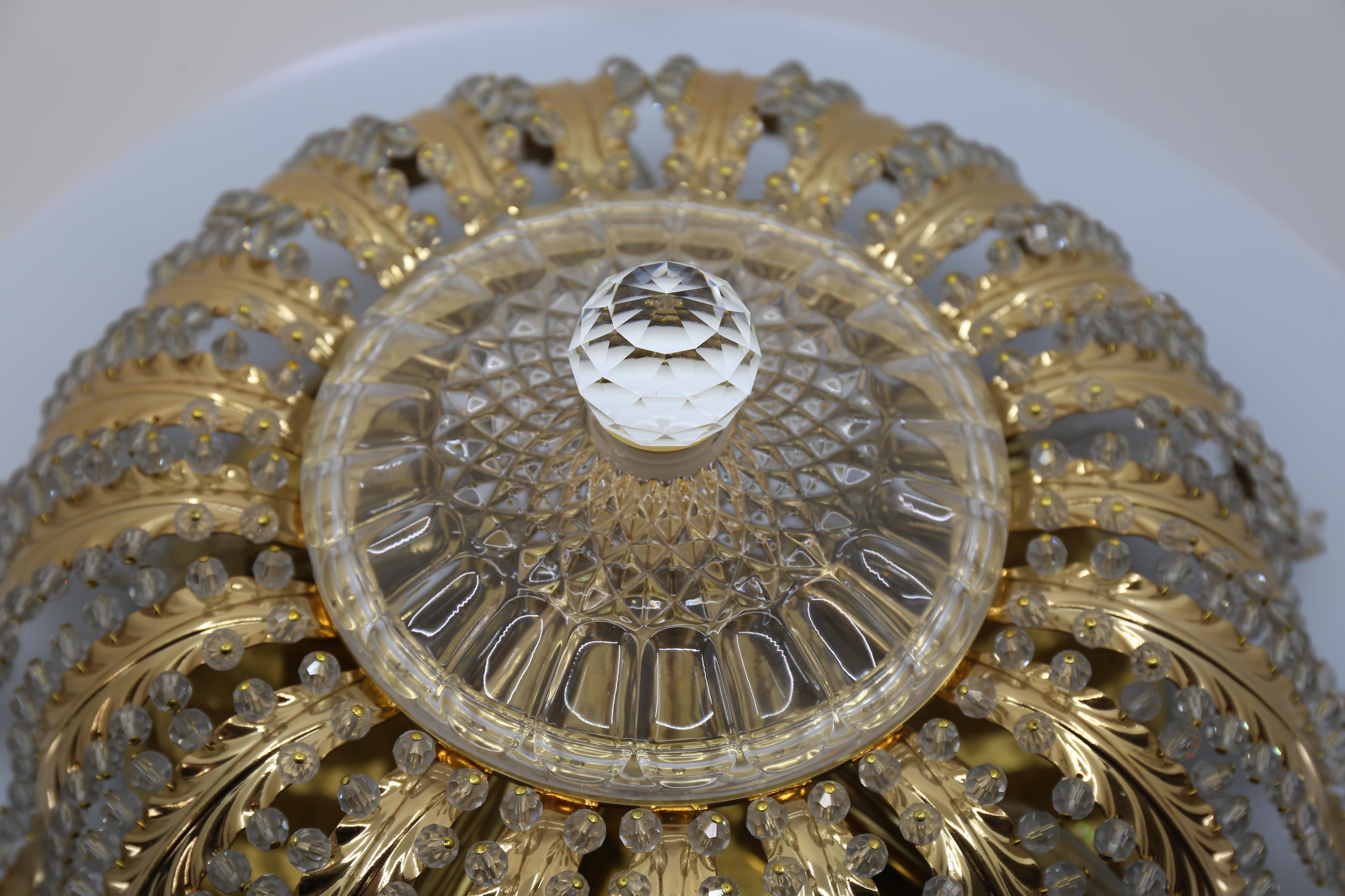 Hollywood Regency 1 of 2 Brass and Crystal Glass Bead Palm Leave Flush Mount  For Sale
