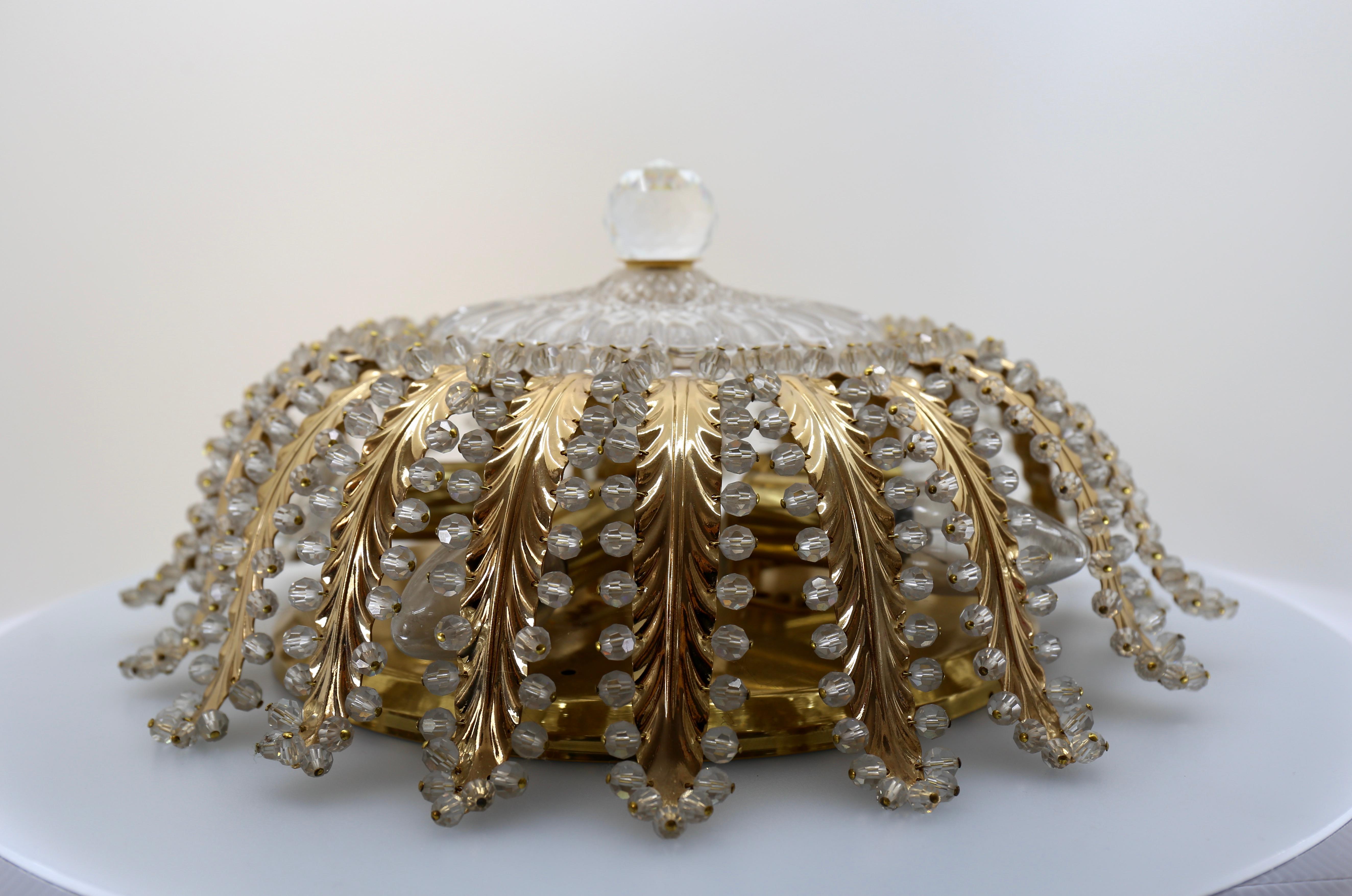 Italian 1 of 2 Brass and Crystal Glass Bead Palm Leave Flush Mount  For Sale