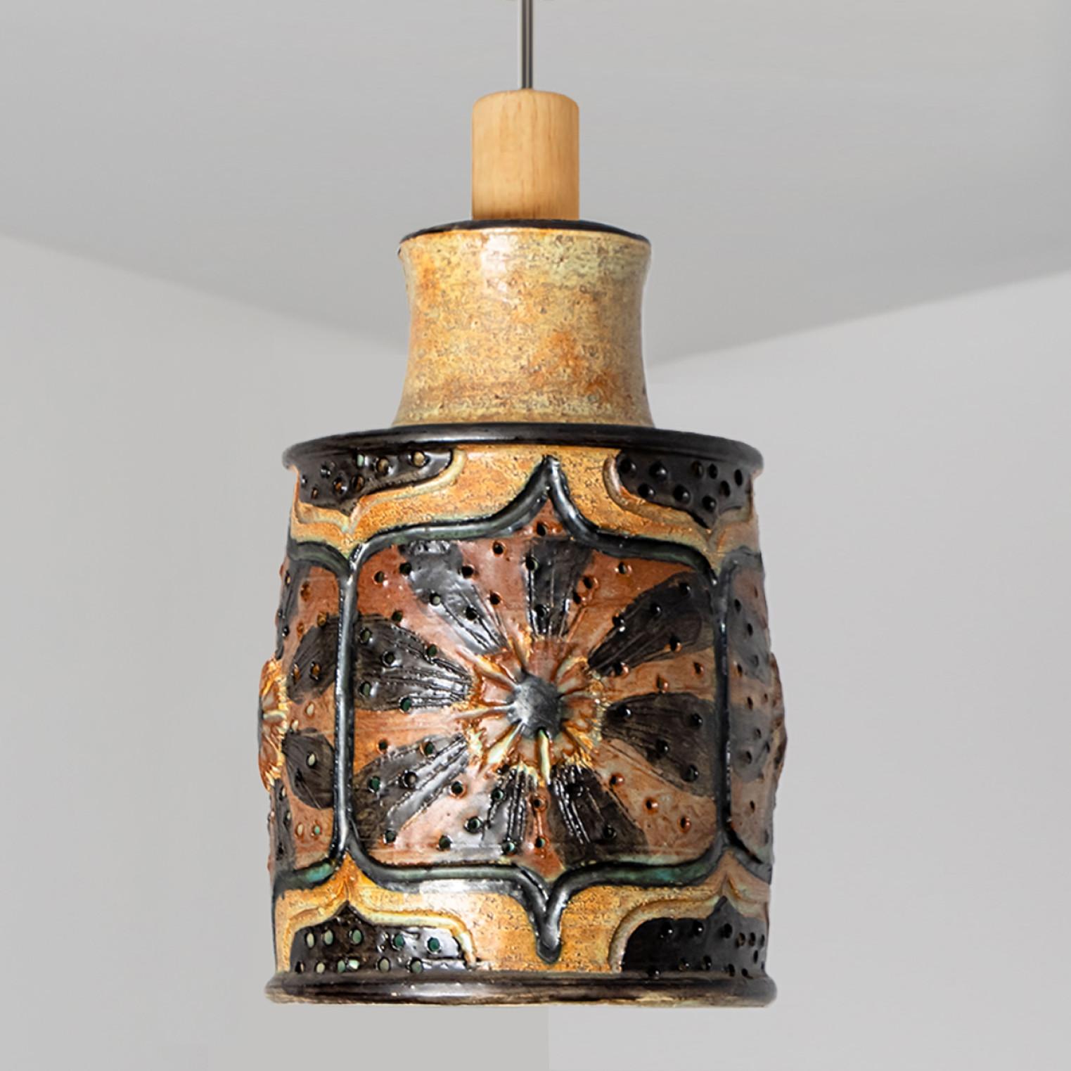 1 of 2 Brown Beige Ceramic Pendant Lights, Denmark, 1970 For Sale 2