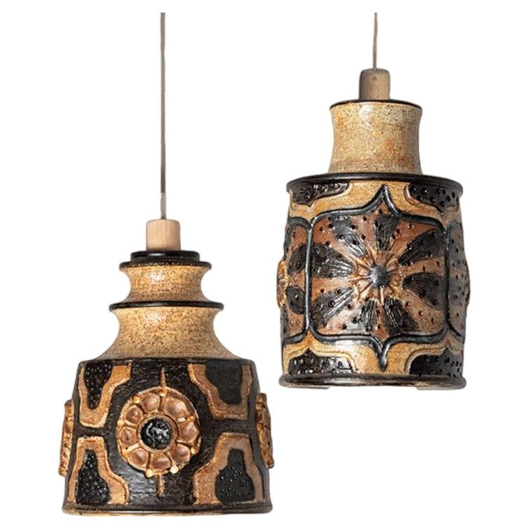 1 of 2 Brown Beige Ceramic Pendant Lights, Denmark, 1970 For Sale