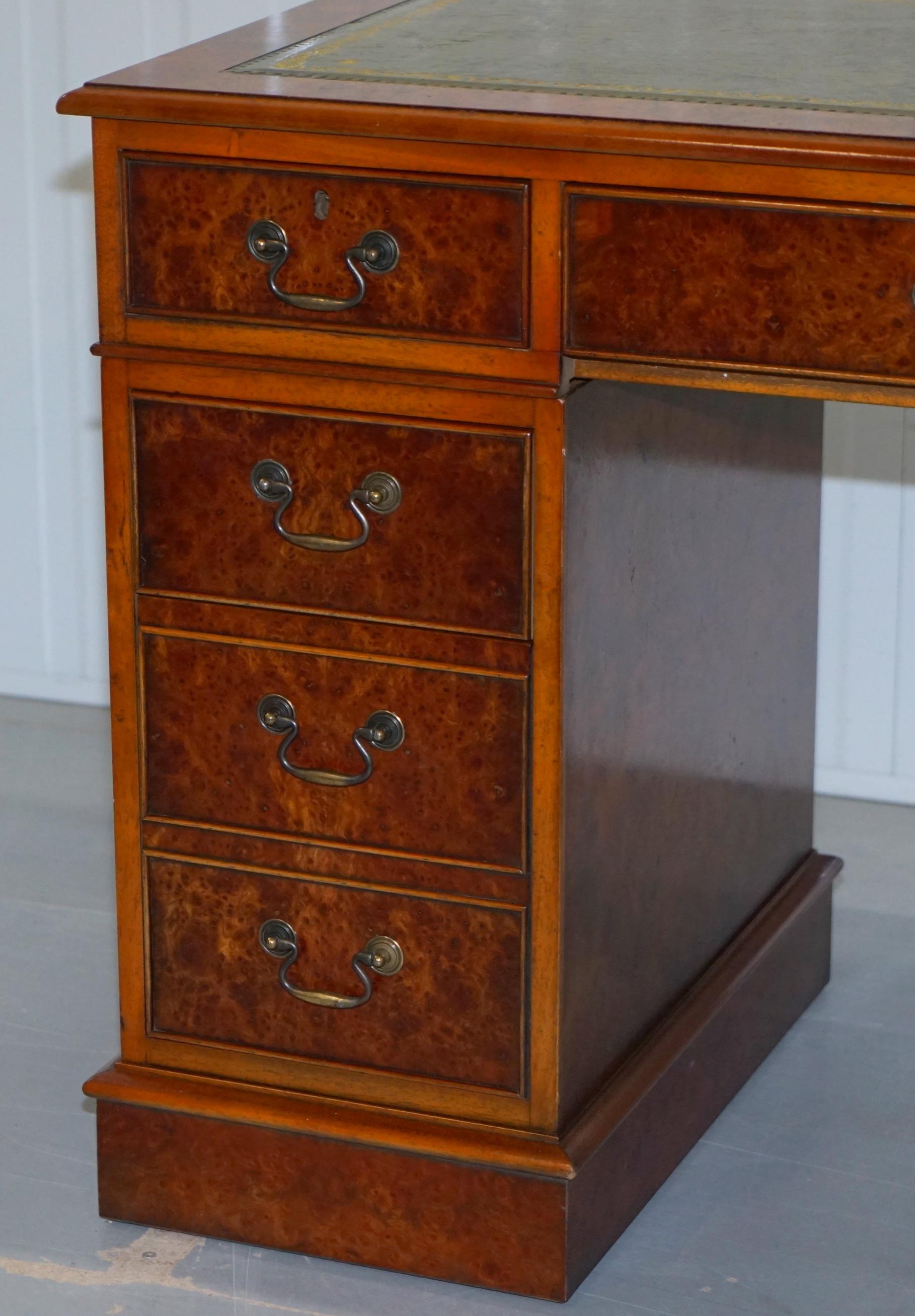 Hand-Crafted 1 of 2 Burr Walnut Twin Pedestal Partner Desks Designed to House Tower Computer