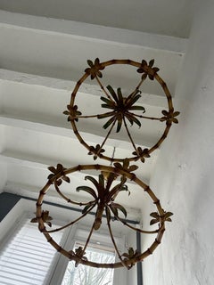 1 of 2 c 1950 French Tole Faux Palm Tree 6 Light Chandelier Rare Shape Big Size