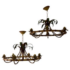 1 of 2 c 1950 French Tole Faux Palm Tree 6 Light Chandelier Rare Shape Big Size