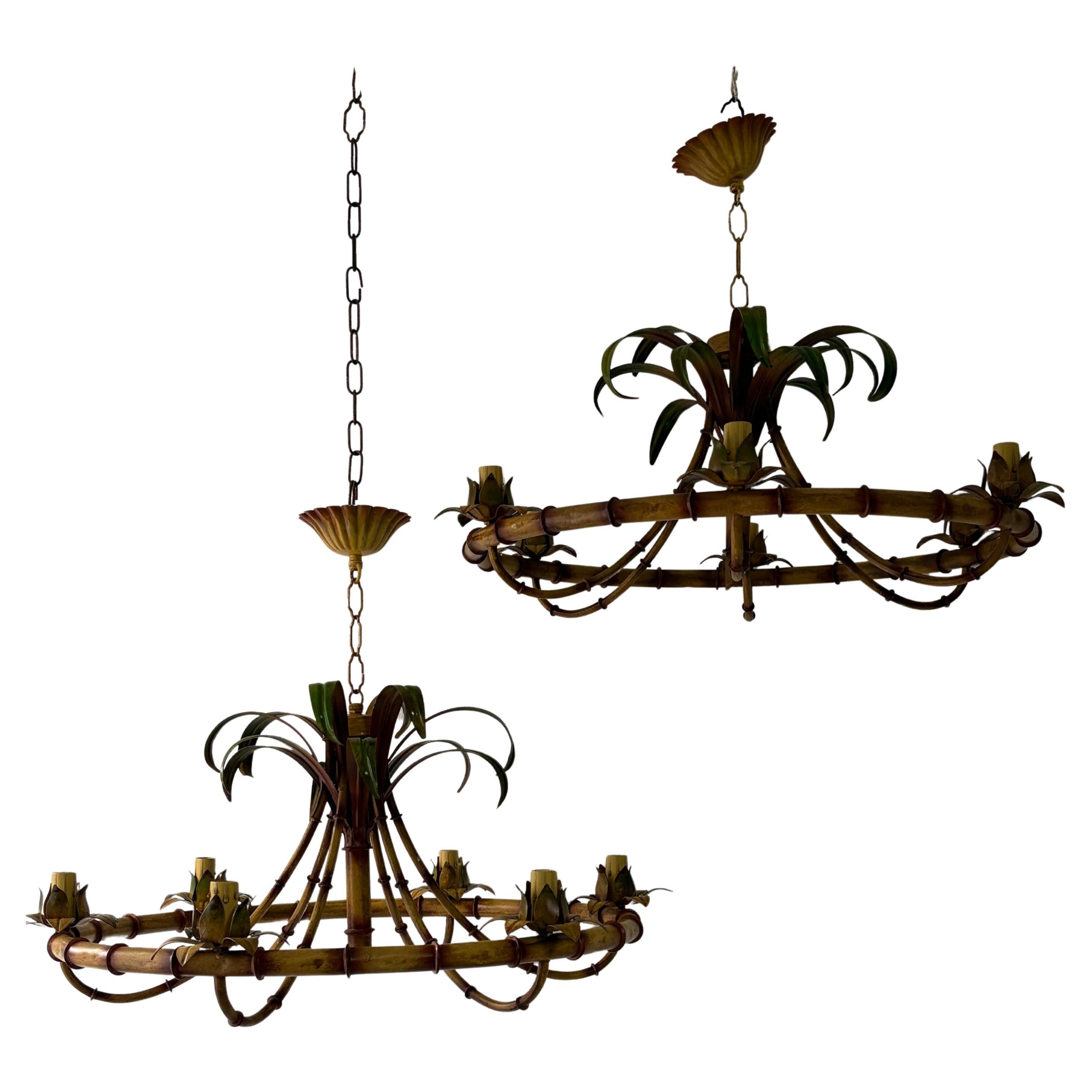 1 de 2 c 1950 Faux Tole francés Palm Tree 6 Luz Lámpara Forma Rara Gran Tamaño en venta