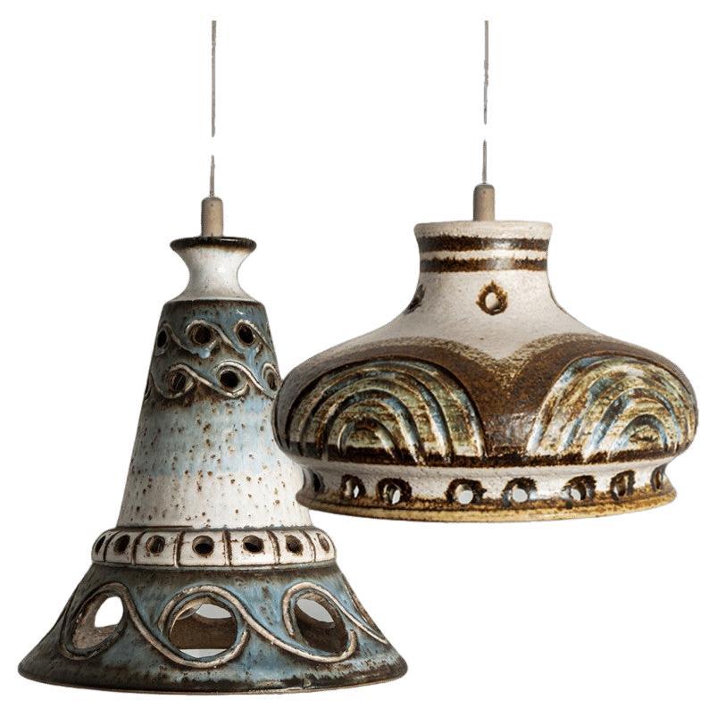 1 of 2 Ceramic Brown Beige Ceramic Pendant Lights, Denmark, 1970