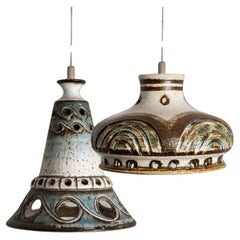 1 of 2 Ceramic Brown Beige Ceramic Pendant Lights, Denmark, 1970