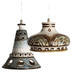 1 of 2 Ceramic Brown Beige Ceramic Pendant Lights, Denmark, 1970