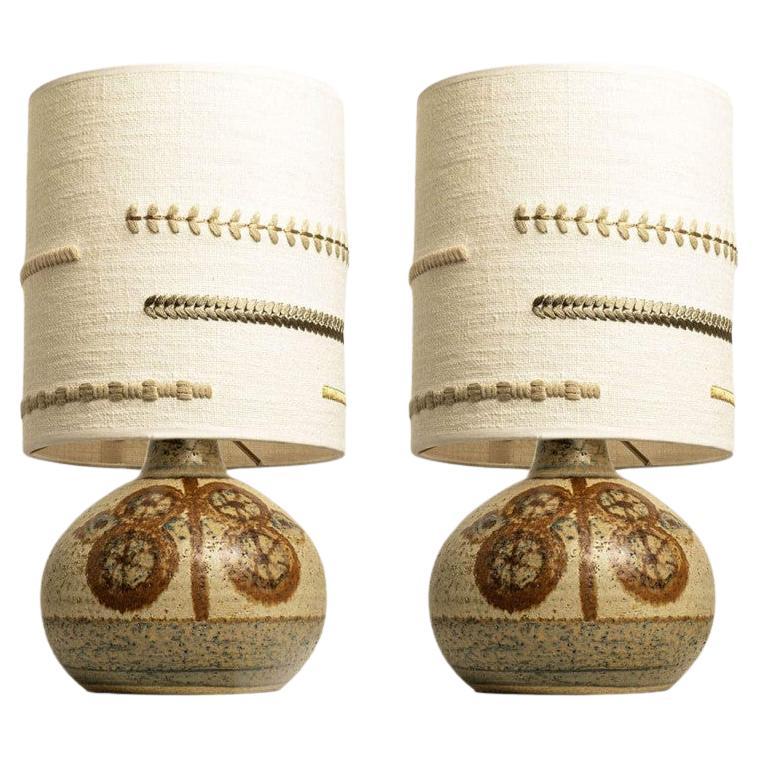 1 of 2 Ceramic Table Lamps for Backhausen With New Embroidery Lampshade, Denmark For Sale