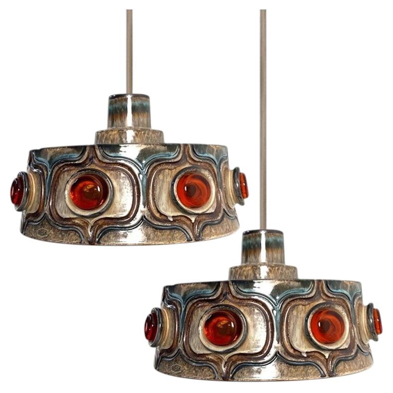 1 of 2 Ceramic Terra Brown Ceramic Pendant Lights, Denmark, 1970