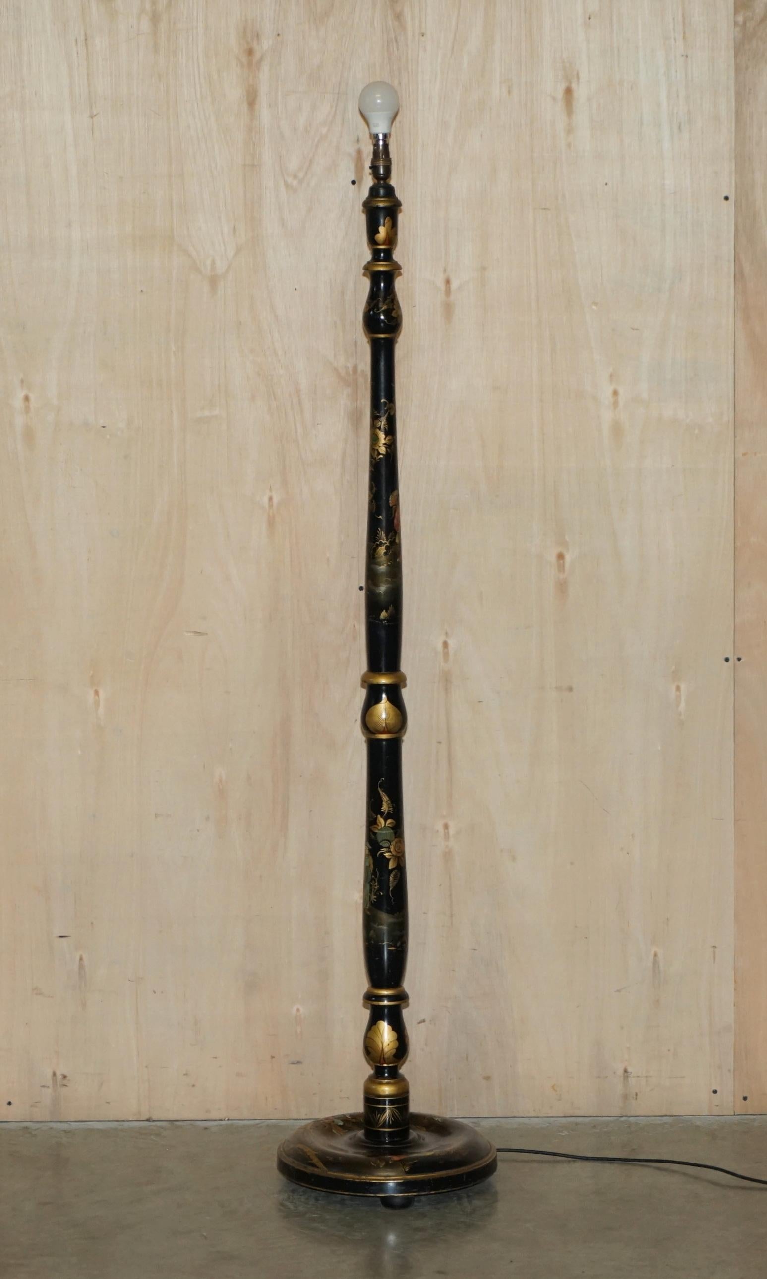 Lacquered 1 of 2 Chinese Export circa 1920 Antique Chinoiserie Black Lacquer Floor Lamps