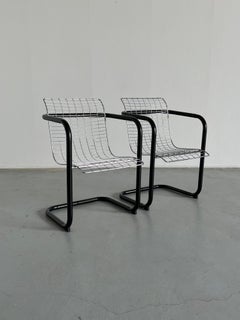 1 of 2 Chromed Wire Club Chairs, Industrial Galvanized Tubular Metal, Italy 80s