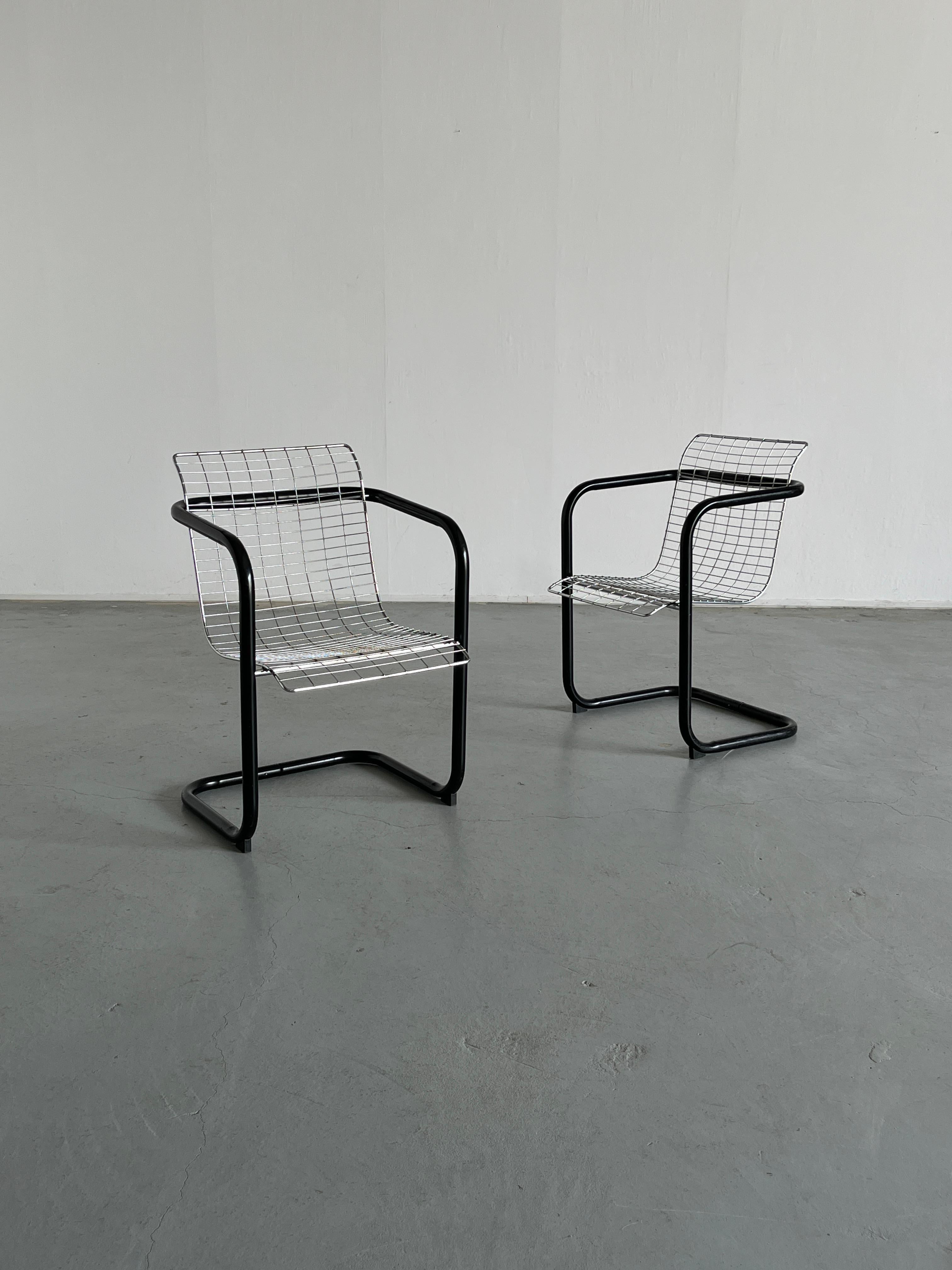 Italian 1 of 2 Chromed Wire Club Chairs, Industrial Galvanized Tubular Metal, Italy 80s