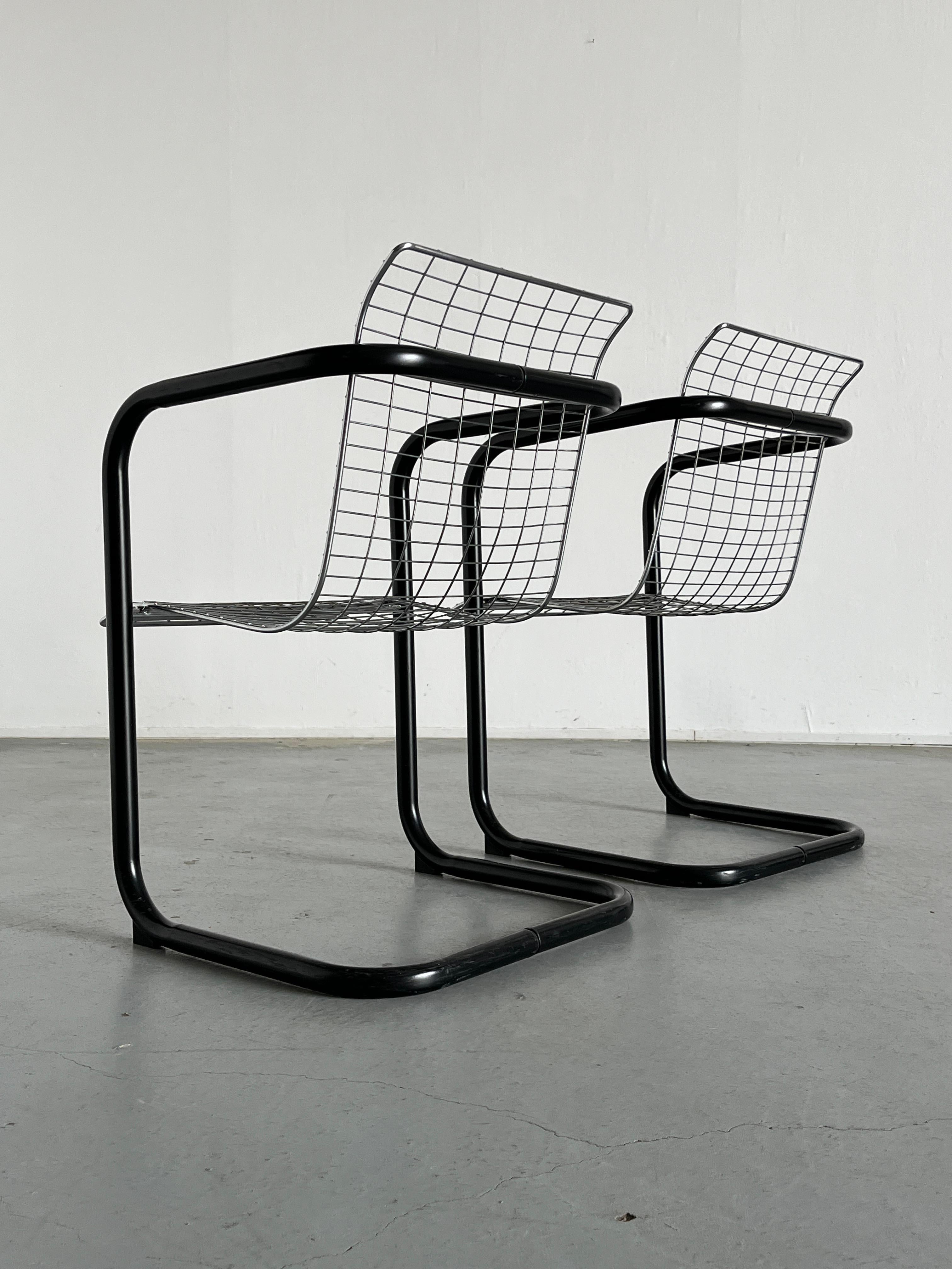 1 of 2 Chromed Wire Club Chairs, Industrial Galvanized Tubular Metal, Italy 80s 1