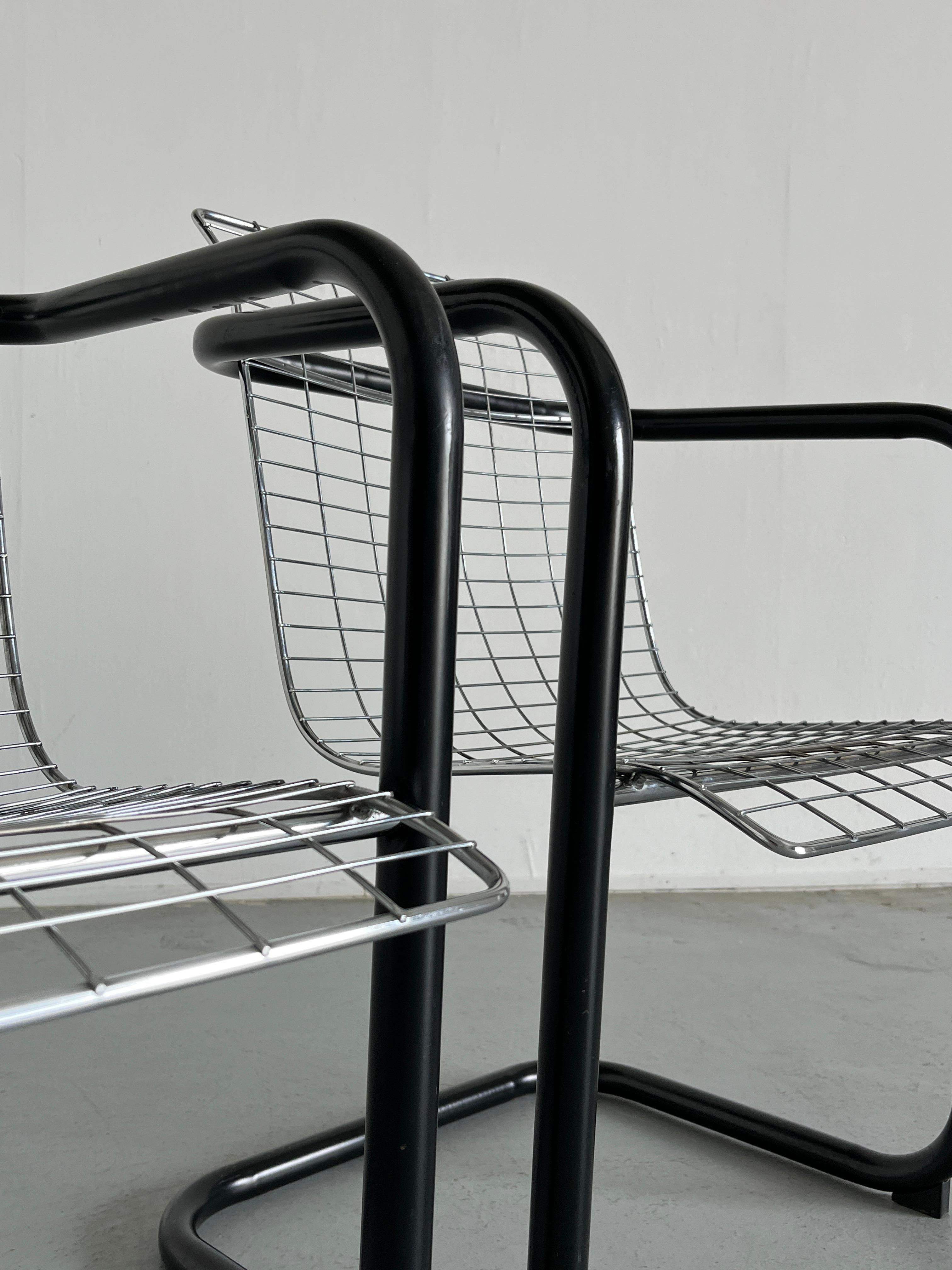 1 of 2 Chromed Wire Club Chairs, Industrial Galvanized Tubular Metal, Italy 80s 3