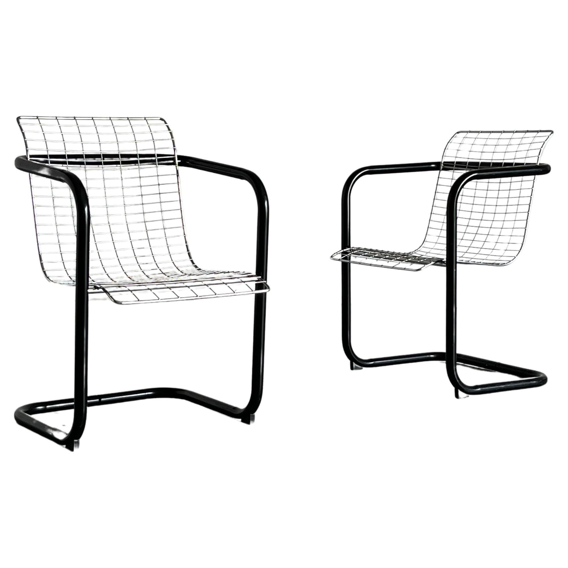 1 of 2 Chromed Wire Club Chairs, Industrial Galvanized Tubular Metal, Italy 80s 
