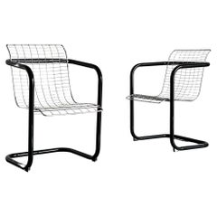 1 of 2 Chromed Wire Club Chairs, Industrial Galvanized Tubular Metal, Italy 80s 