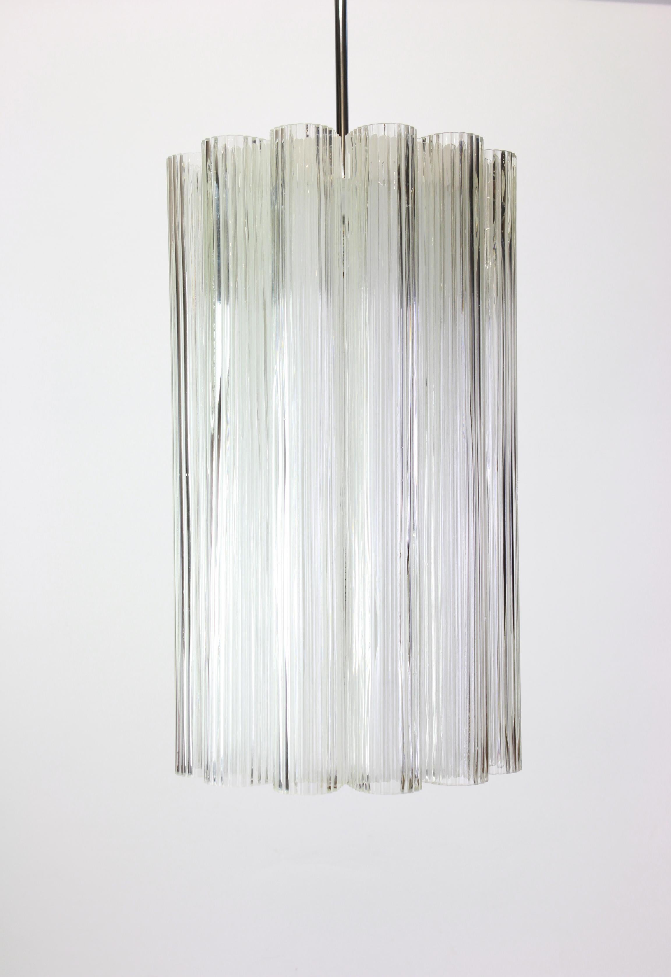 Fantastic cylindrical lantern pendant fixture with crystal glass by Doria, Germany, manufactured, circa 1960-1969. 

Heavy quality and in good condition. Cleaned, well-wired and ready to use. 

The fixture requires eight E27 standard bulbs with 60W