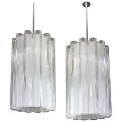 Vintage 1 of 2 Cylindrical Pendant Fixture with Crystal Glass by Doria, Germany, 1960s