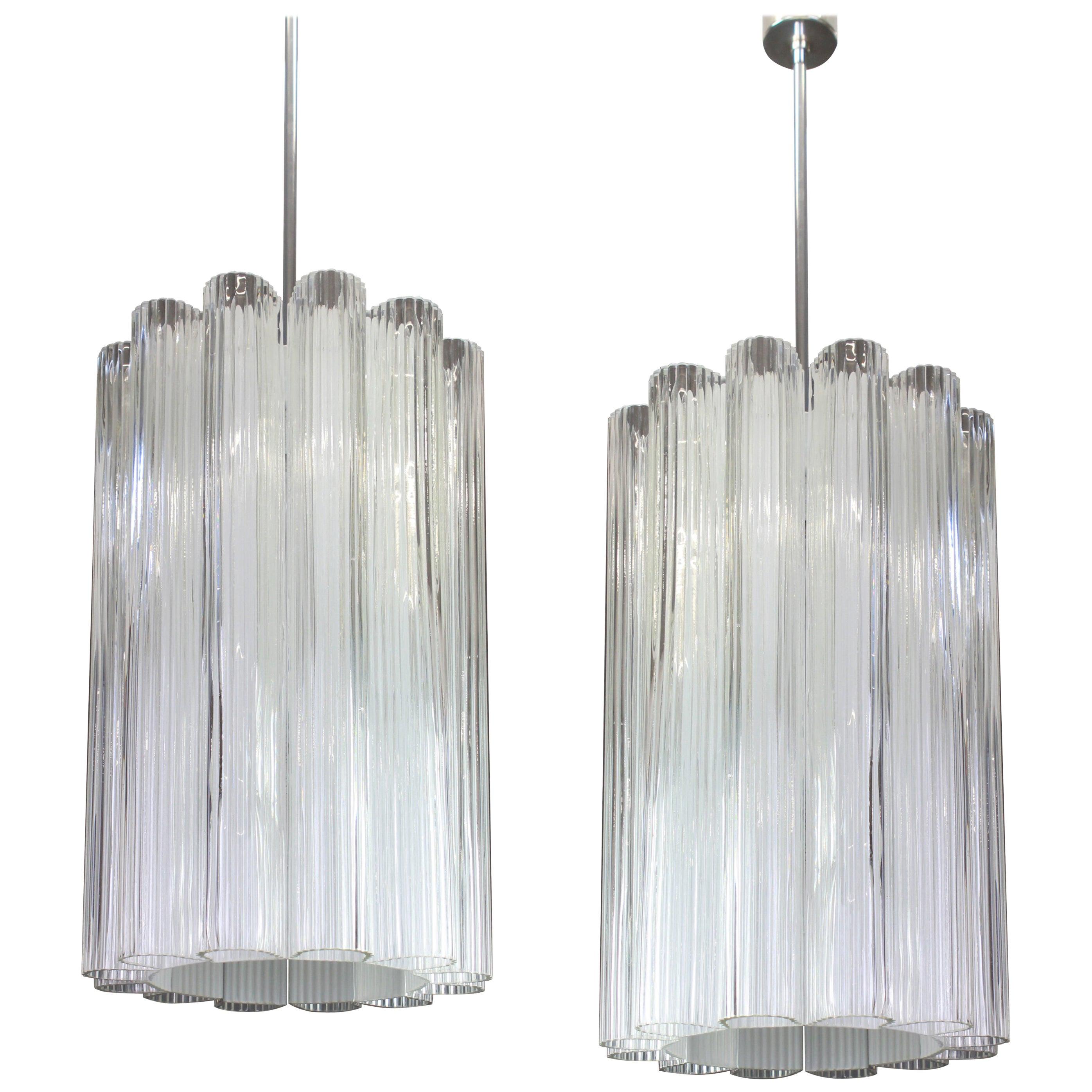 1 of 2 Cylindrical Pendant Fixture with Crystal Glass by Doria, Germany, 1960s For Sale