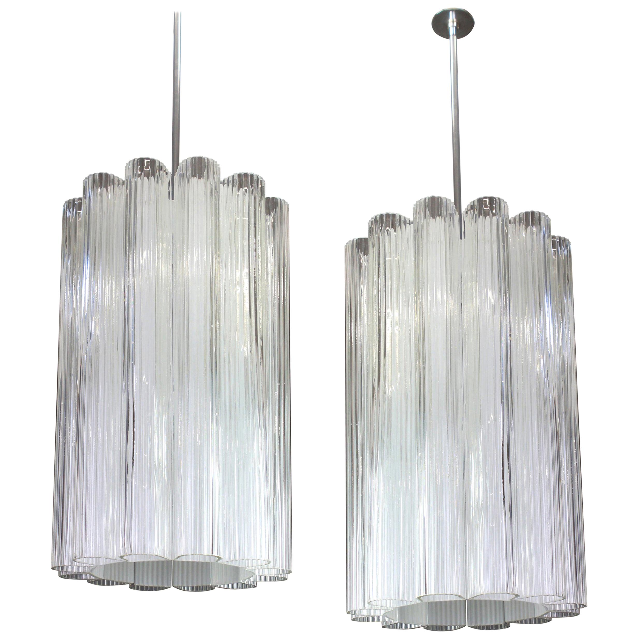 1 of 2 Cylindrical Pendant Fixture with Crystal Glass by Doria, Germany, 1960s For Sale