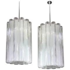 1 of 2 Cylindrical Pendant Fixture with Crystal Glass by Doria, Germany, 1960s