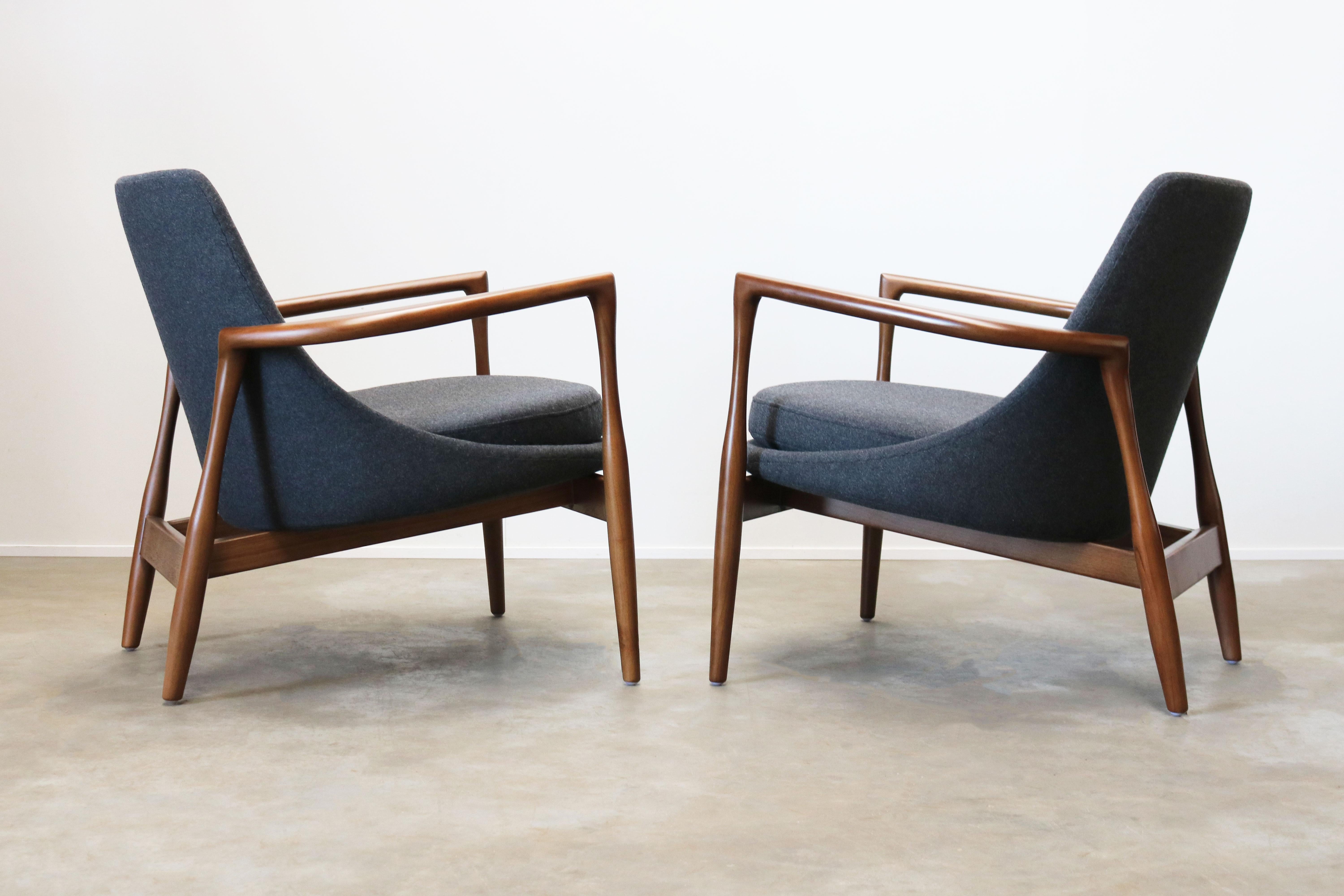 1 of 2 Danish Design Style 1950 New Modern Lounge Chair Walnut Grey Cashmere 5
