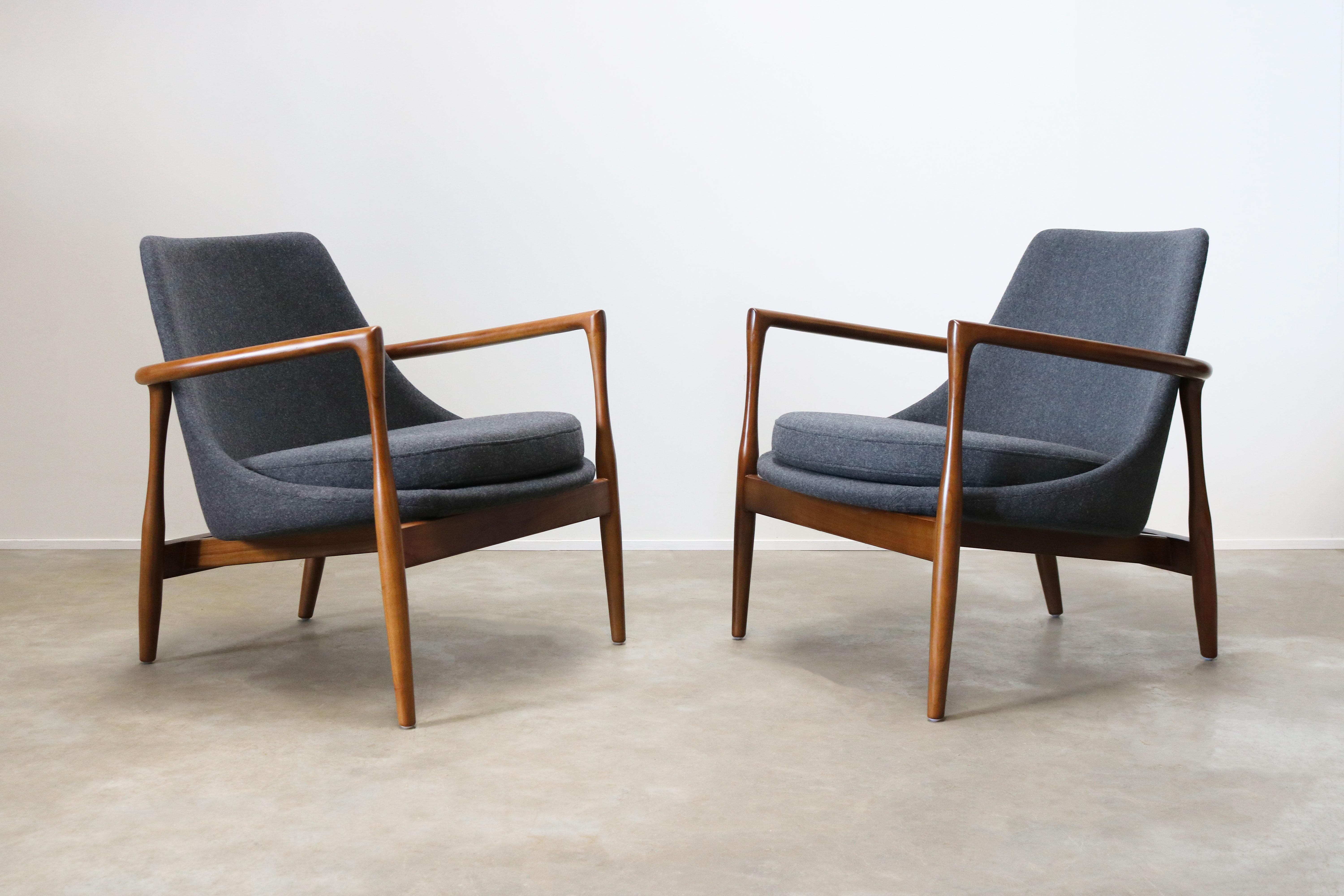 1 of 2 Danish Design Style 1950 New Modern Lounge Chair Walnut Grey Cashmere 6