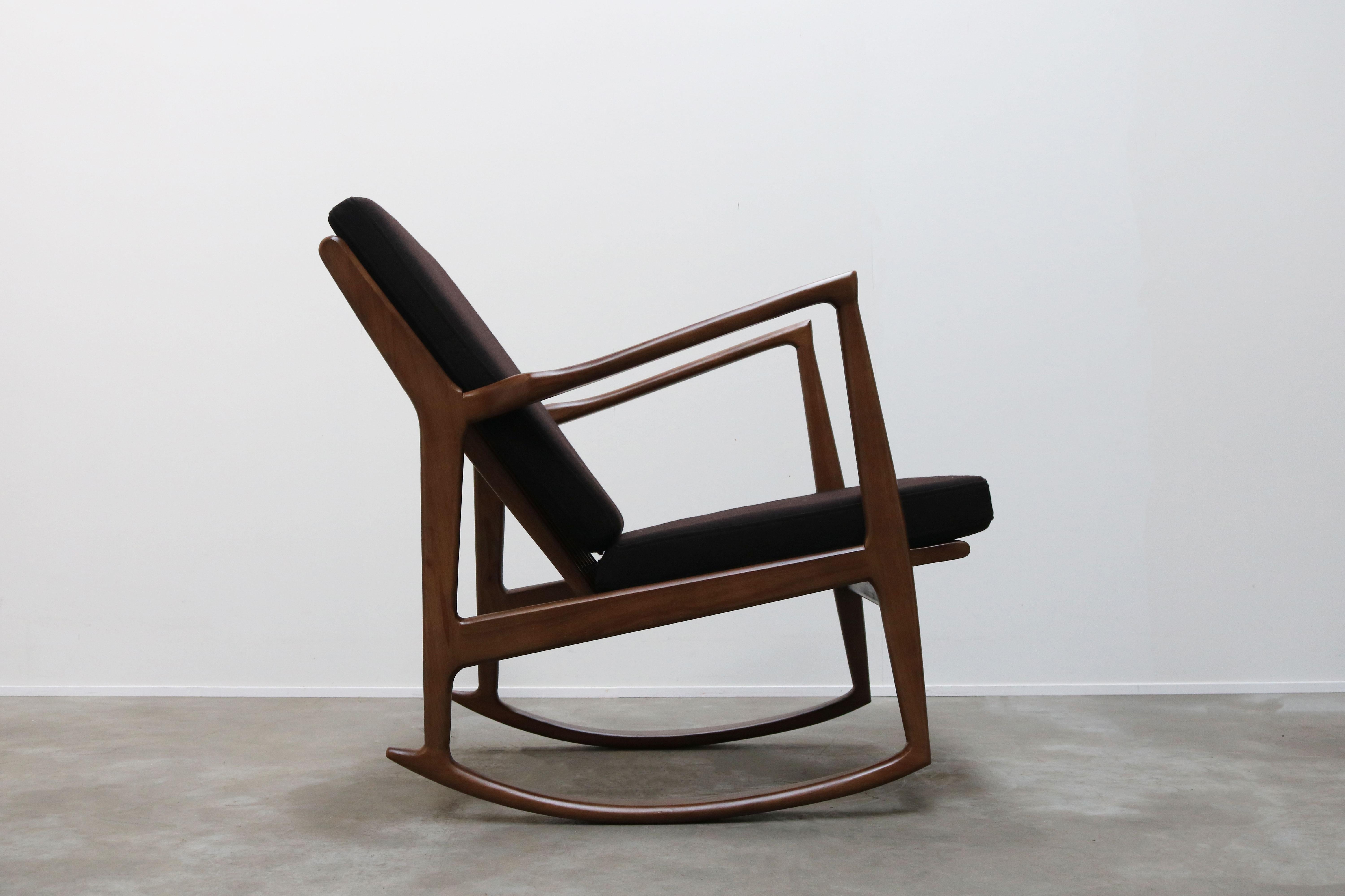 Fabric 1 of 2 Danish Design Style 1950 New Modern Rocking Chair Walnut Brown Cashmere For Sale