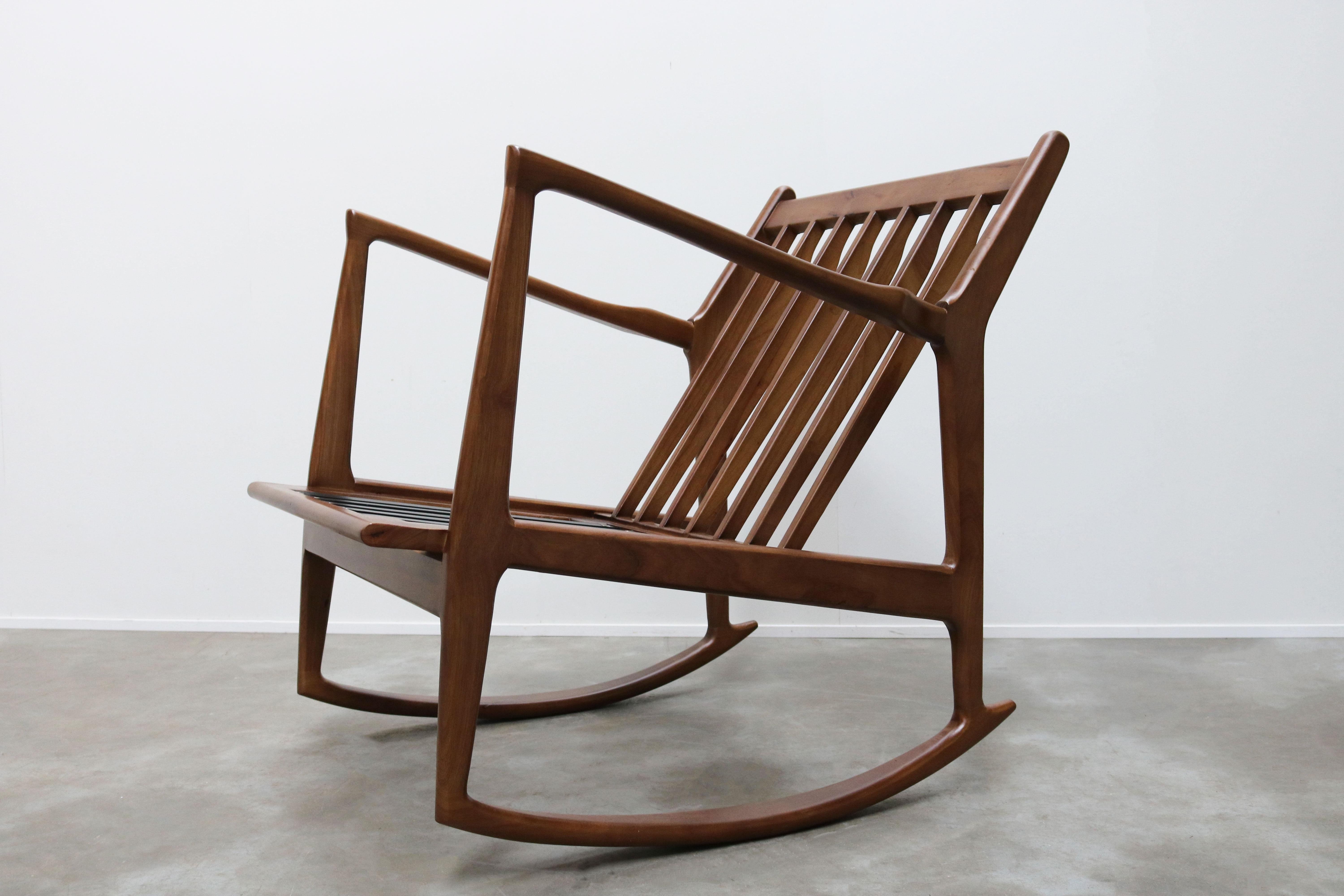 1 of 2 Danish Design Style 1950 New Modern Rocking Chair Walnut Brown Cashmere For Sale 2