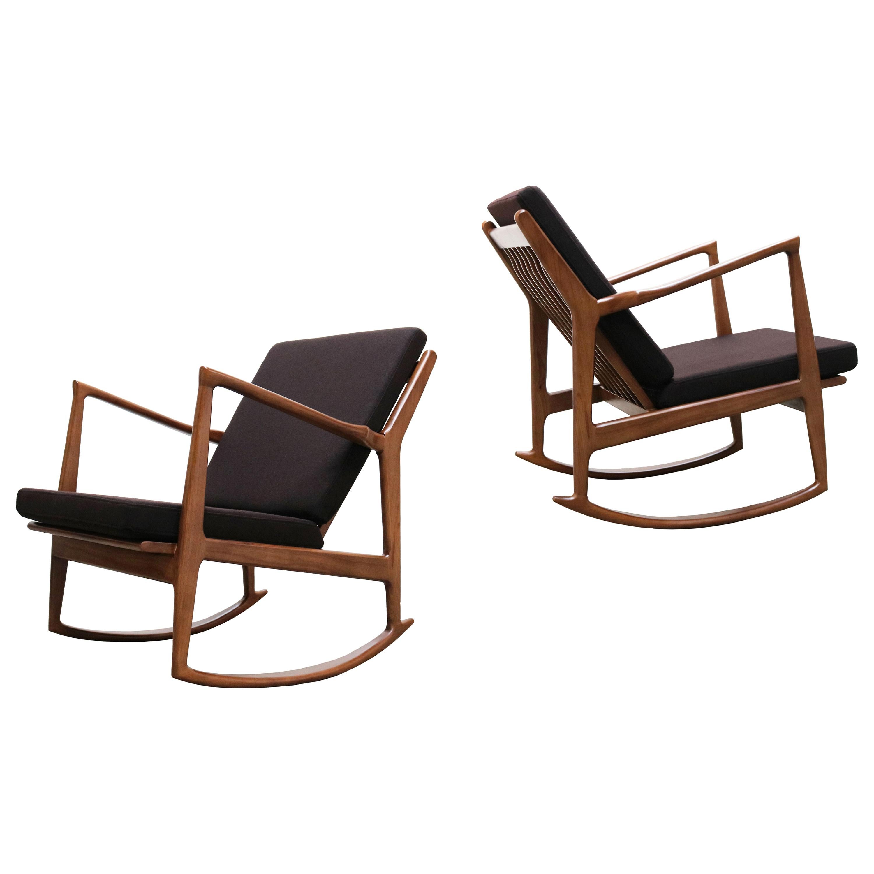 1 of 2 Danish Design Style 1950 New Modern Rocking Chair Walnut Brown Cashmere