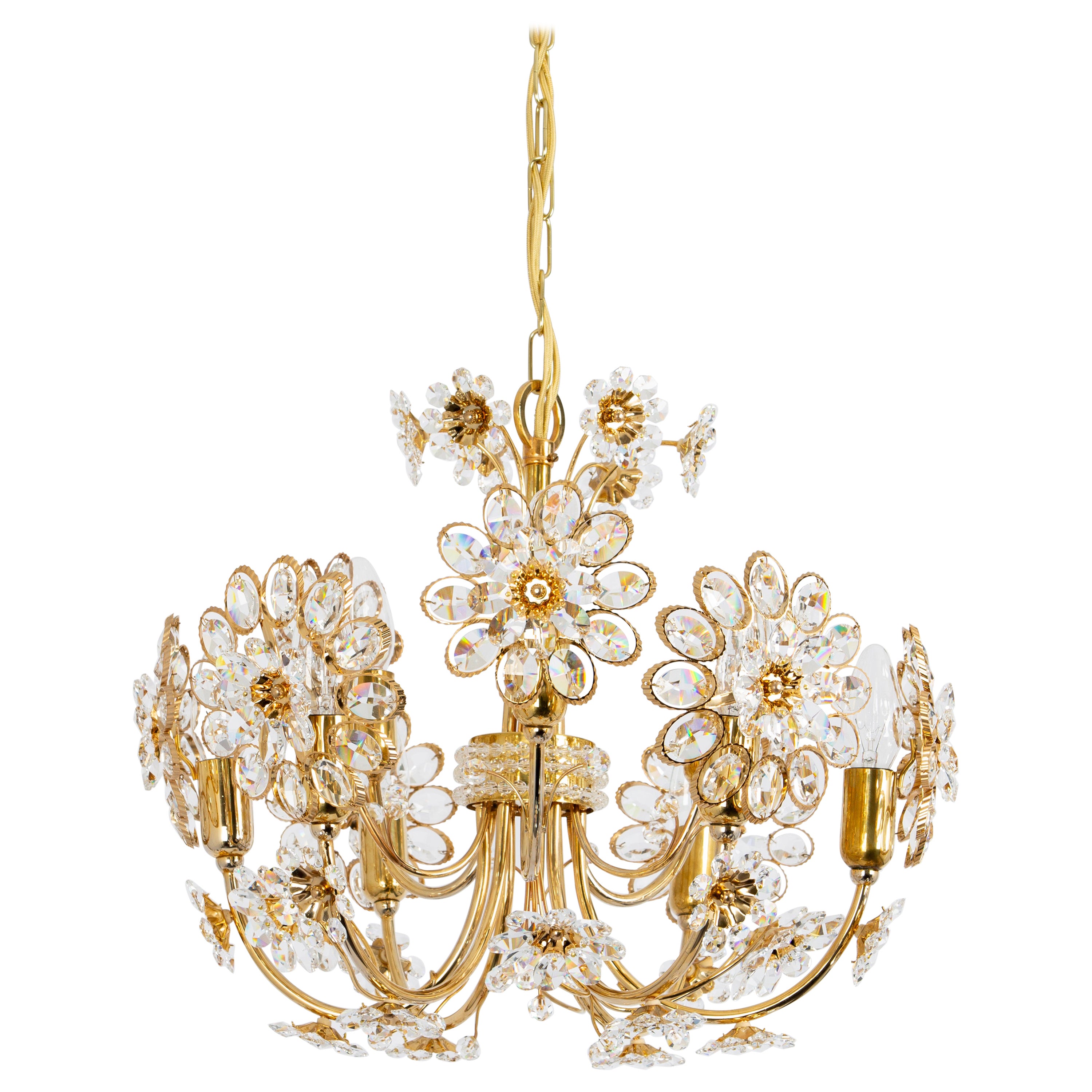 1 of 2 Delicate Gilt Brass , Crystal Flower Chandelier by Palwa, Germany, 1970s