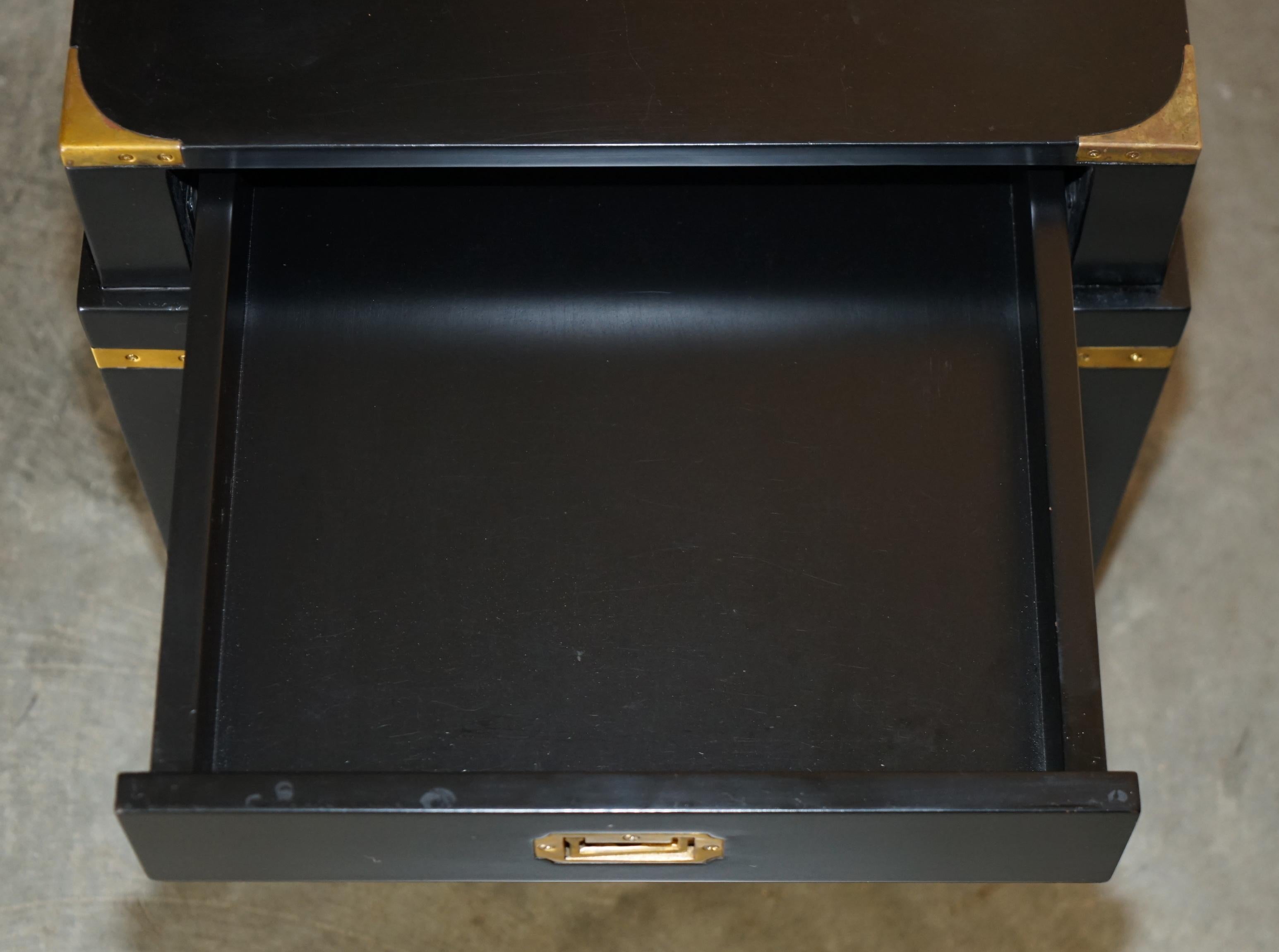1 OF 2 EBONISED BLACK & BRASS MILITARY CAMPAIGN STYLE NIGHTSTAND SiDE END TABLE For Sale 1