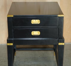 1 OF 2 EBONISED BLACK & BRASS MILITARY CAMPAIGN STYLE NIGHTSTAND SIDE END TABLEs