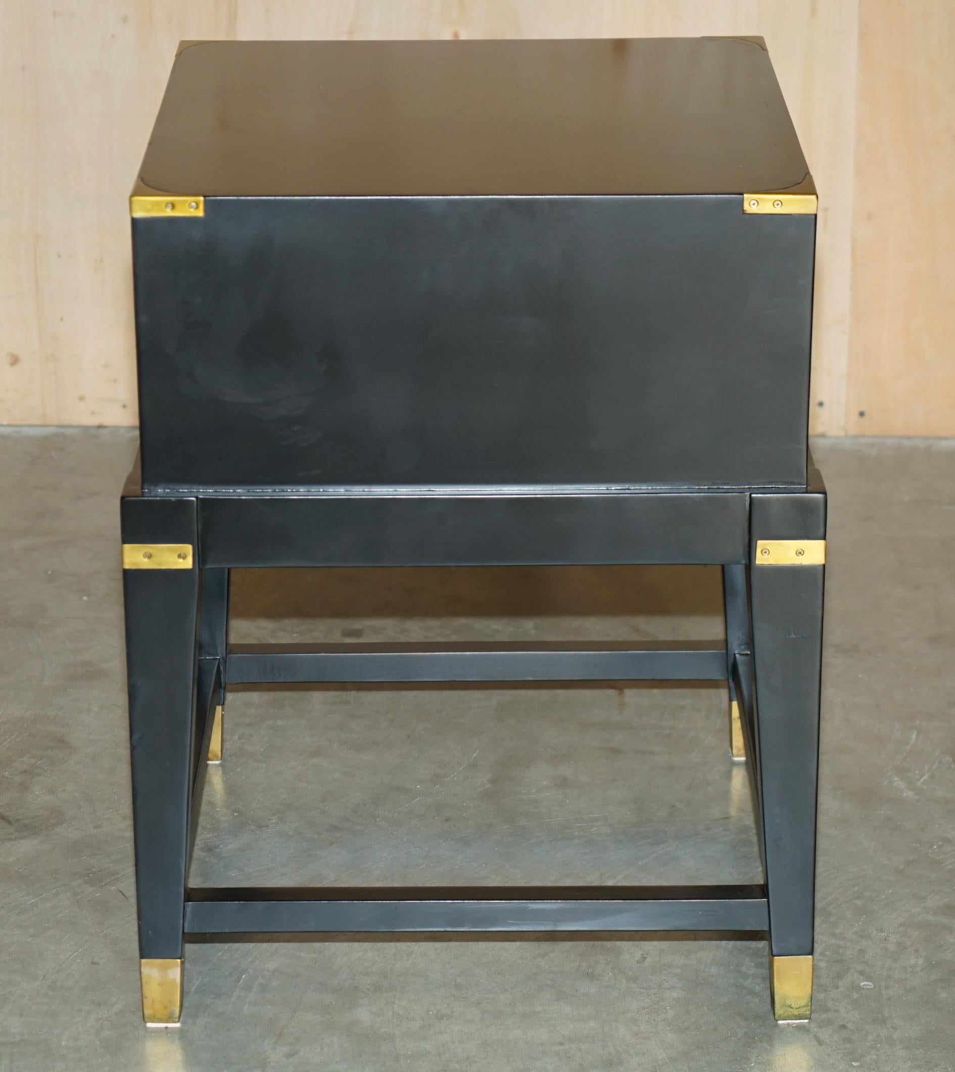 1 OF 2 EBONISED BLACK & BRASS MILITARY CAMPAIGN STYLE NIGHTSTAND SIDE END TABLEs In Good Condition For Sale In West Sussex, Pulborough