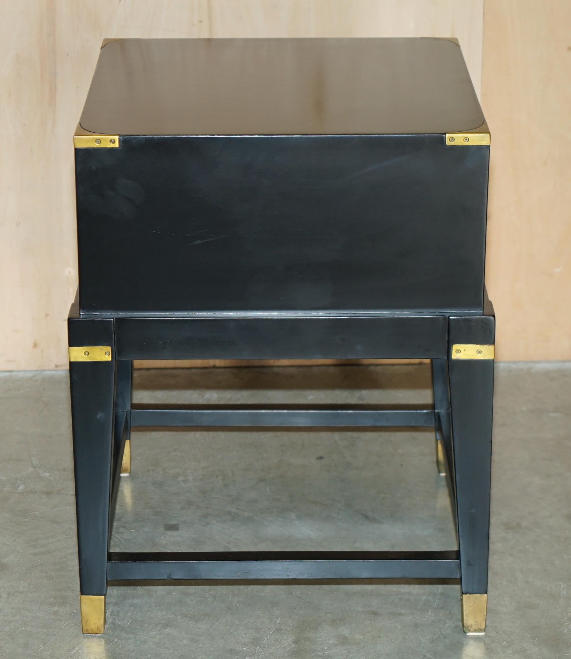 20th Century 1 OF 2 EBONISED BLACK & BRASS MILITARY CAMPAIGN STYLE NIGHTSTAND SIDE END TABLEs For Sale