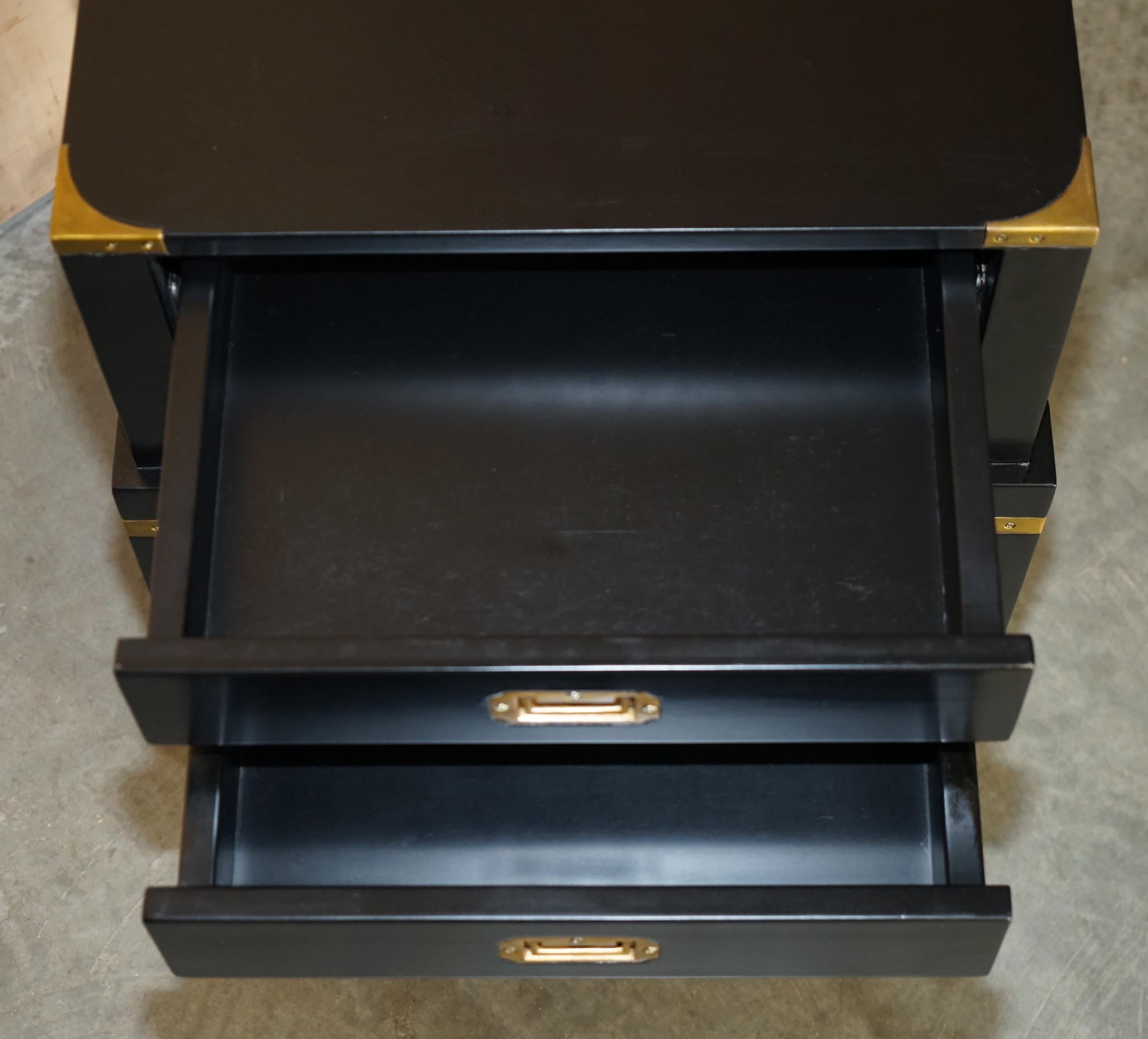1 OF 2 EBONISED BLACK & BRASS MILITARY CAMPAIGN STYLE NIGHTSTAND SIDE END TABLEs For Sale 2