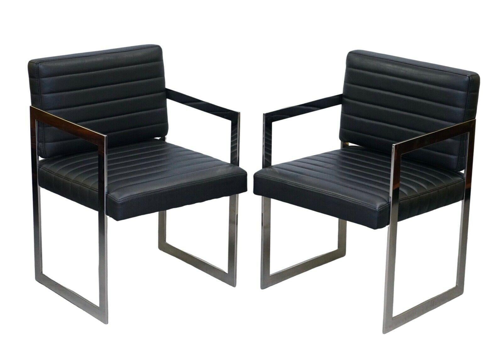 We are delighted to offer for sale these RRP £1,235 Eichholtz black leather & chrome office, desk chairs, offering executive style to your home workspace or study. The chairs feature polished stainless steel legs base and armrests, and black leather