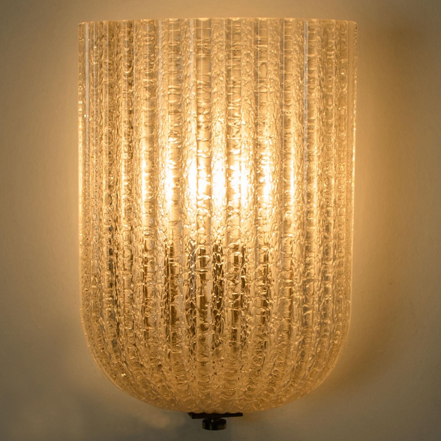 Brass 1 of 2 Fluted Murano Glass Wall Sconces Barovier, Italy, 1960s
