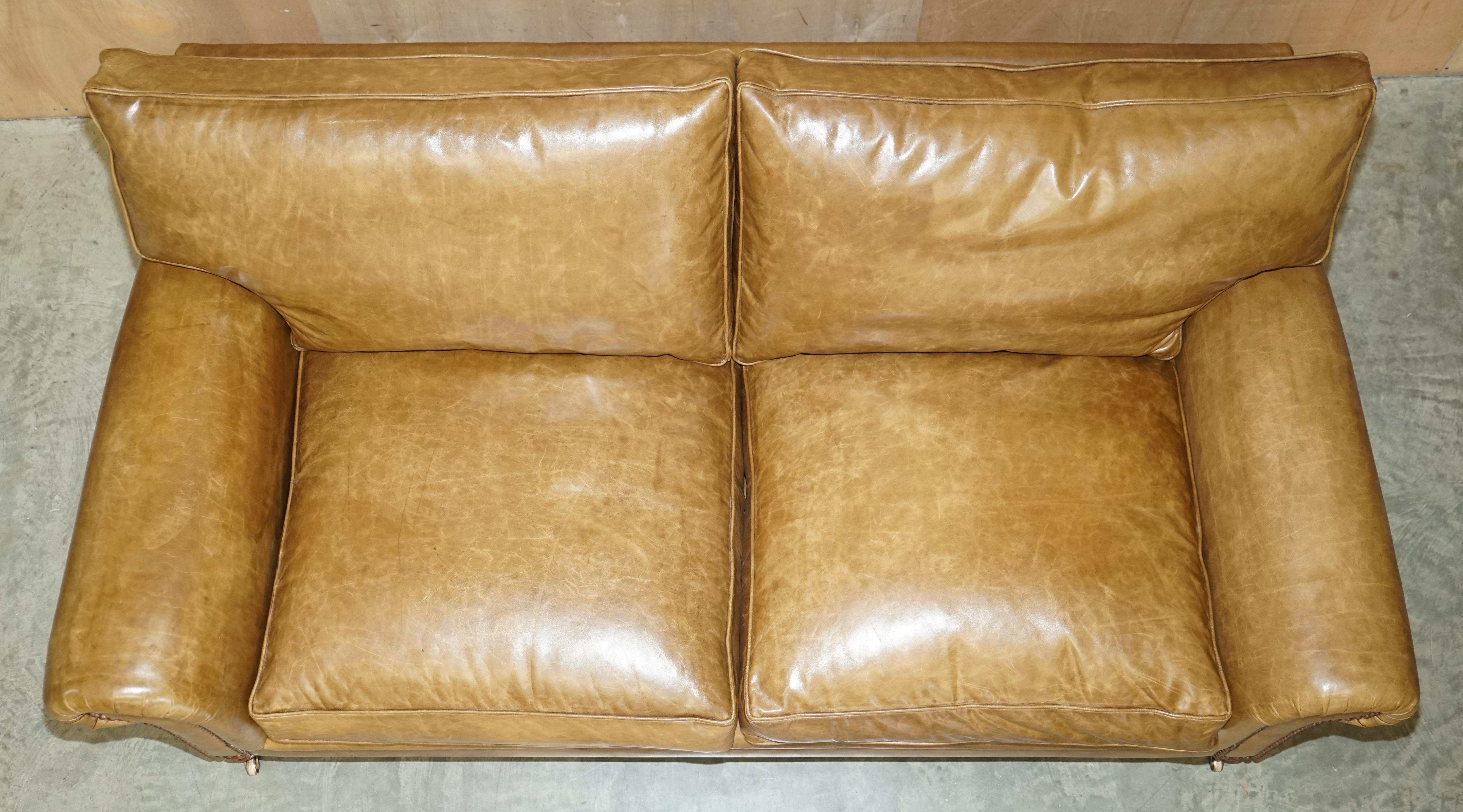 1 OF 2 GEORGE SMITH FULL SCROLL ARM CUSHiON BACK BROWN LEATHER SOFA For Sale 5