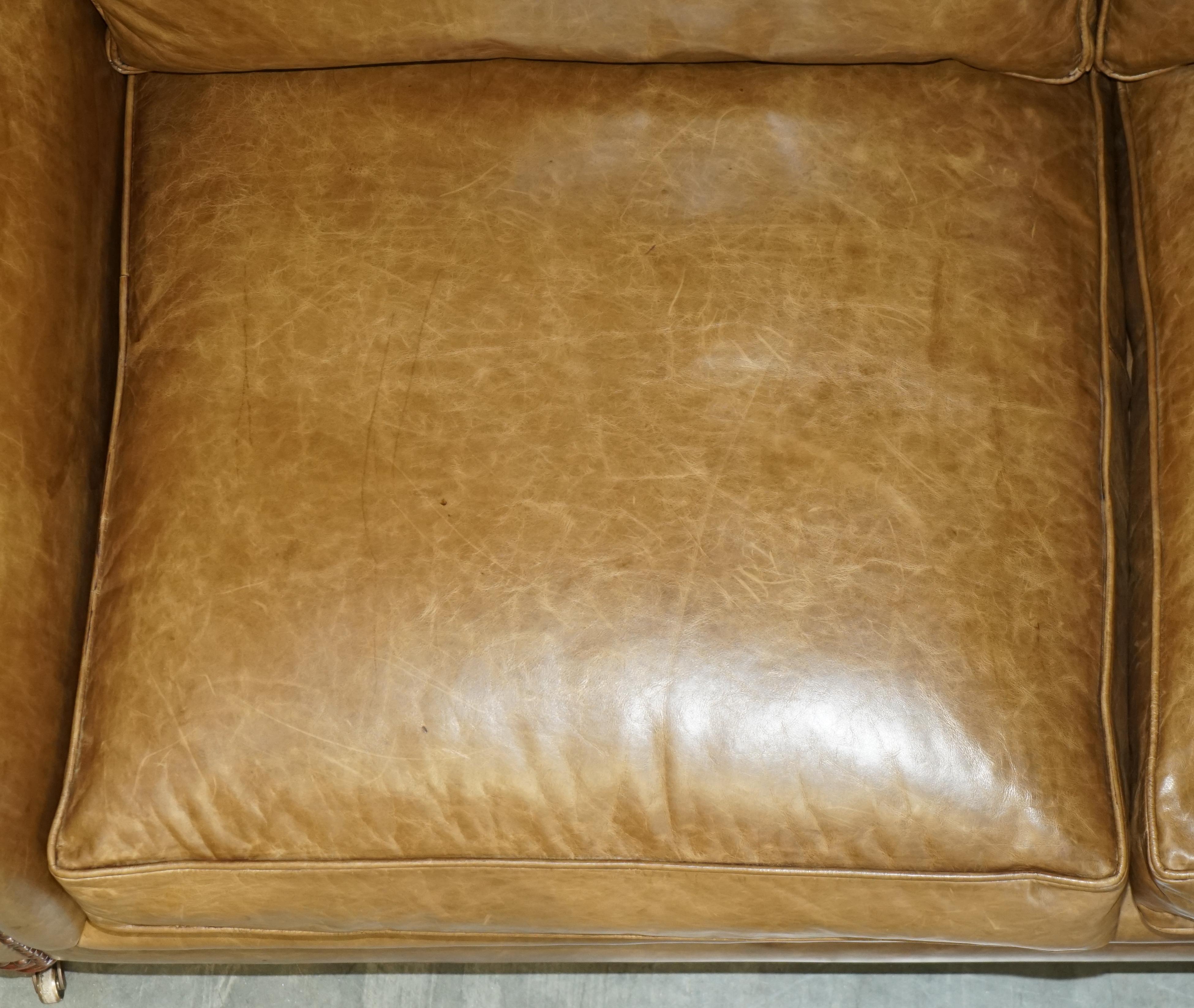 1 OF 2 GEORGE SMITH FULL SCROLL ARM CUSHiON BACK BROWN LEATHER SOFA For Sale 6